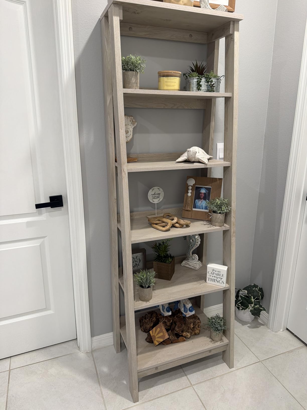 Sauder Ladder Bookshelf 5 Tier Trestle Ladder Shelf Wooden Bookcase, in Chalked Chestnut customer photo 1