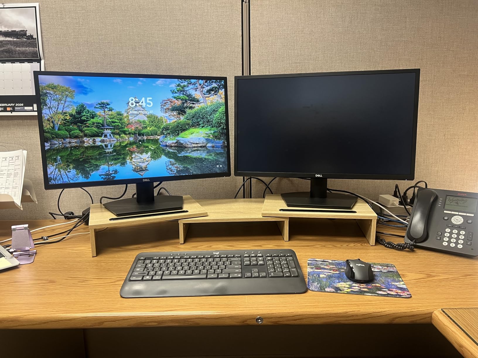 AMERIERGO Dual Monitor Stand Riser - 3 Shelf Screen Stand with Adjustable Length and Angle, 2 Extra Functional Slot Desktop Organizer Stand for PC, Computer, Laptop (Light Wood) customer photo 1