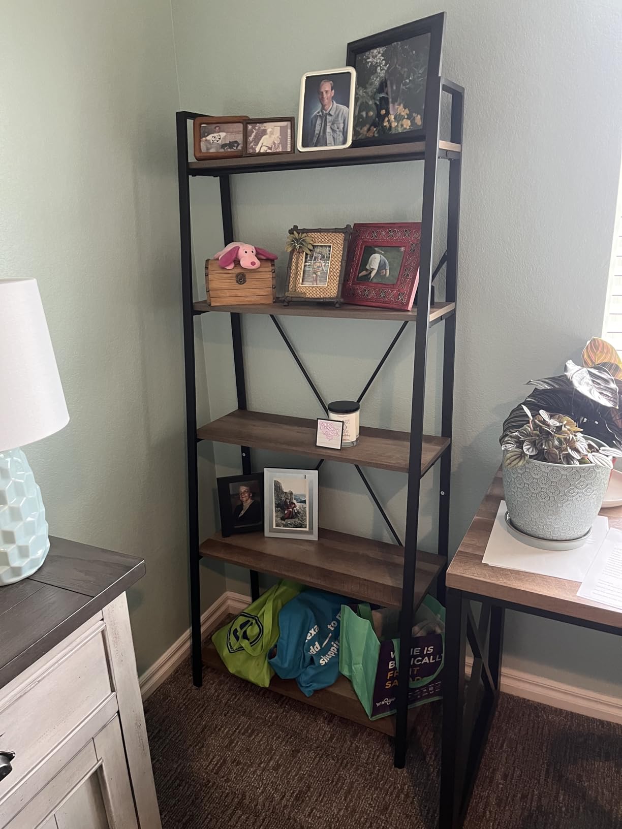 BON AUGURE Farmhouse Ladder Shelf Bookcase, 4 Tier Rustic Ladder Bookshelf, Standing Leaning Book Shelves for Living Room (Vintage Oak) customer photo 1