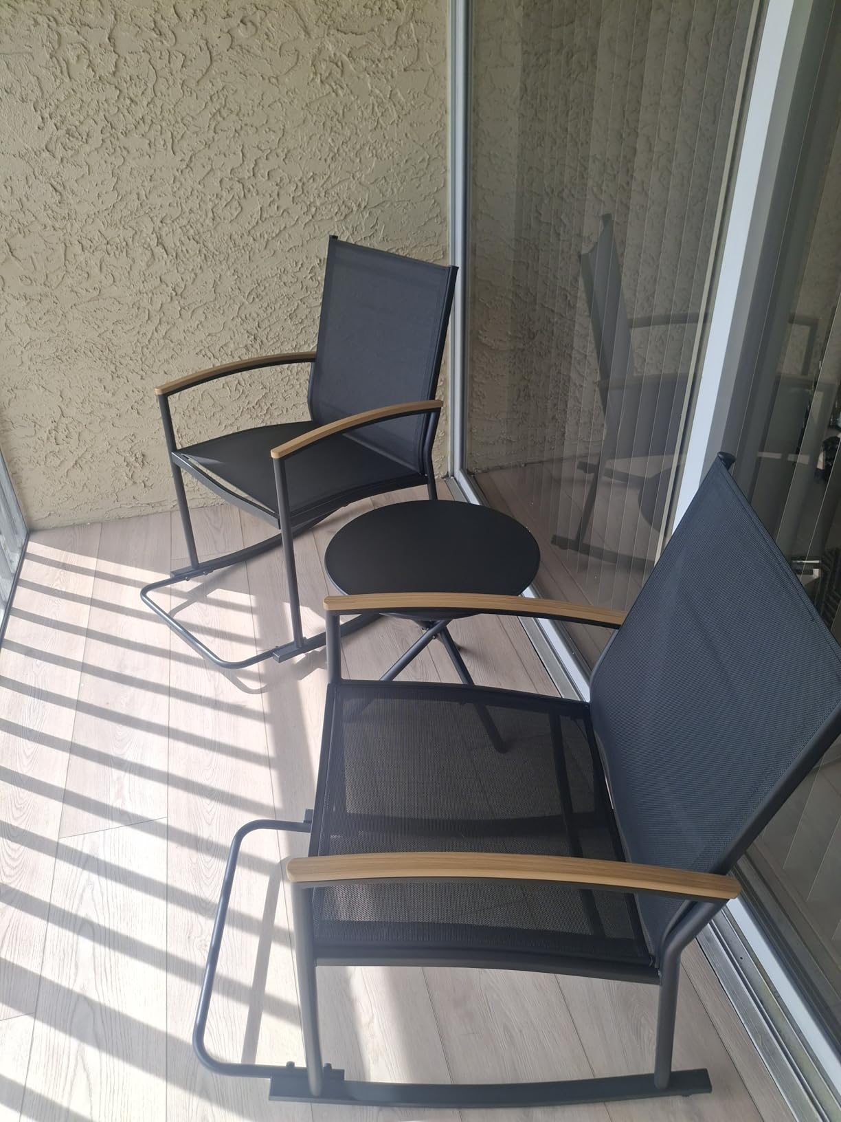 Shintenchi 3 Piece Outdoor Rocking Bistro Set, Textilene Fabric Small Patio Furniture Set, Front Porch Rocker Chairs Conversation Set with Table for Lawn, Garden, Balcony, Poolside (Black) customer photo 1