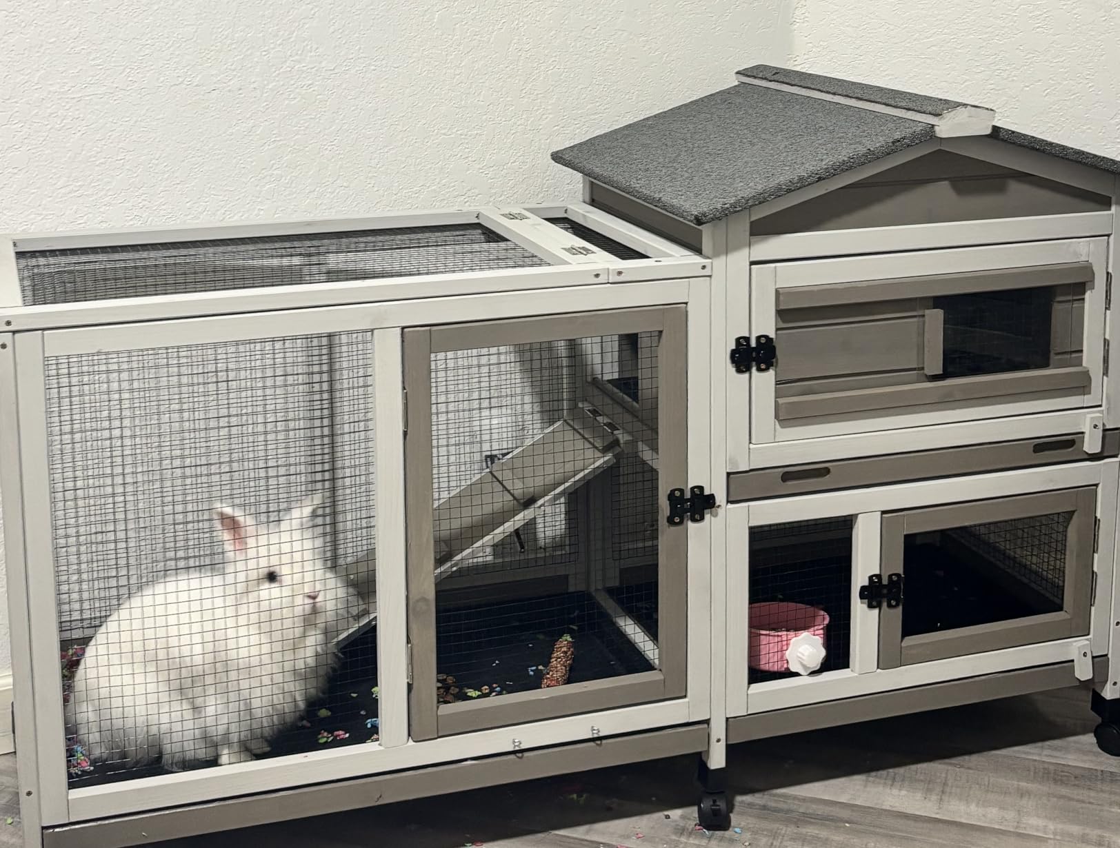 Rabbit Hutch Indoor and Outdoor 2-Story Rabbit Cage with Pull Out Tray,Fir Wood Pet House with Wooden Ramp,Waterproof Bunny Cage Indoor with 2 Asphalt Roofs,Grey (114