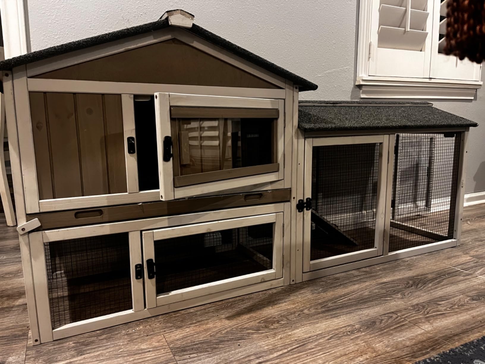 Rabbit Hutch Indoor and Outdoor 2-Story Rabbit Cage with Pull Out Tray,Fir Wood Pet House with Wooden Ramp,Waterproof Bunny Cage Indoor with 2 Asphalt Roofs,Grey (114