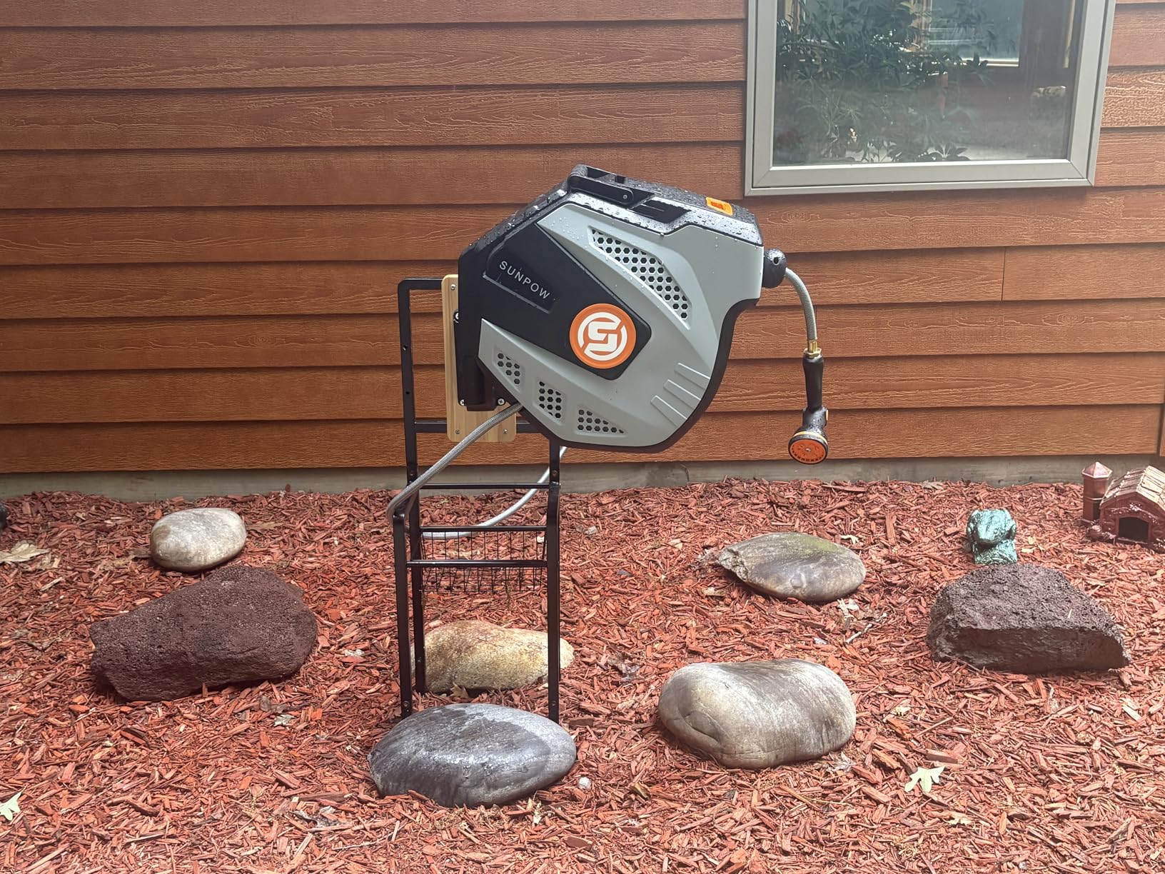SUNPOW Retractable Garden Hose Reel - 1/2 inch x 50ft Heavy Duty Wall Mounted Hose Reel with 3/4 inch Brass Fitting & 10 Sprayer Nozzle - Any Length Lock, Auto Rewind System, 180 Degree Swivel Bracket- Grey customer photo 2
