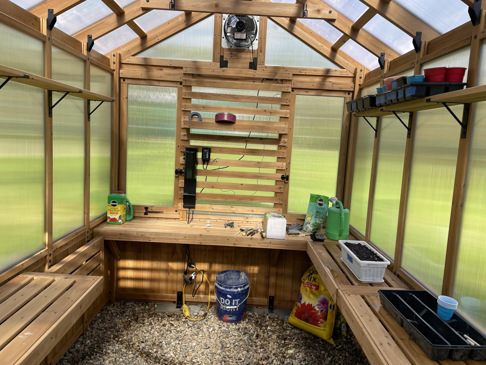 Backyard Discovery Bellerose 9' x 6' White Cedar Wood and Polycarbonate Walk-in Greenhouse Kit with Pergola, Exhaust Fan, Window, Hose Hook-Ups, PowerPort, Staging Shelves for Outdoor Gardening customer photo 2