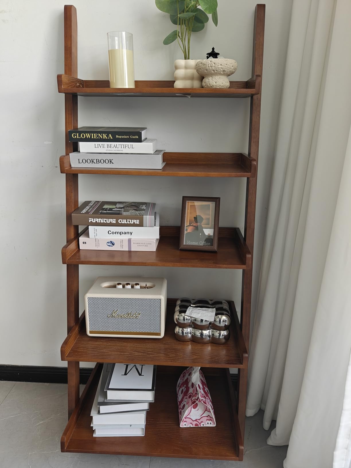 AQIMUELE Walnut Wooden Ladder Shelf with Edges, 5-Tier Modern Leaning Bookshelf Ladder - Stylish Space-Saving Bookcase for Living Room, Bedroom & Home Office customer photo 2