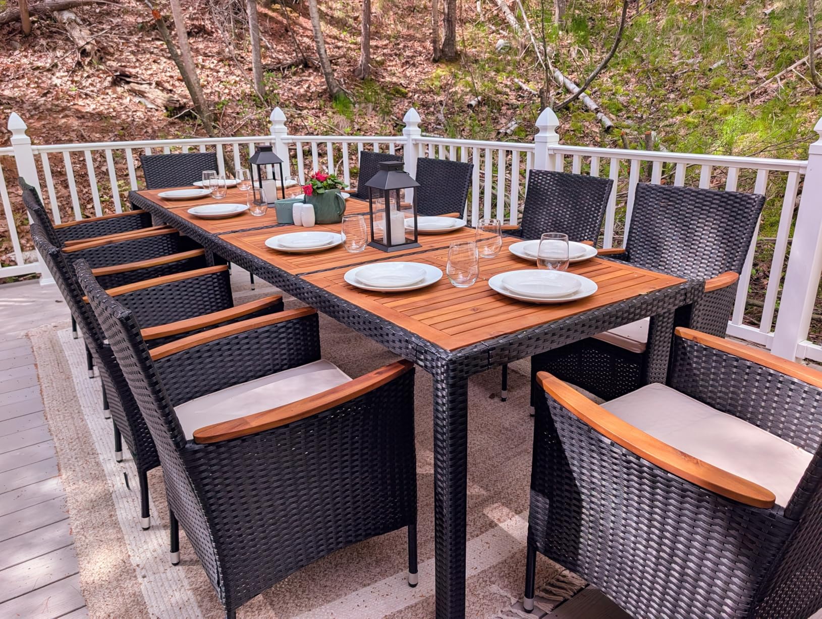 Yaheetech 7 Piece Patio Furniture Set, Outdoor Dining Acacia Wood Table Top | Rattan Conversation Set with Soft Cushions, 6 Chairs & 1 Table for Backyard, Deck, Garden & Yard, Black/Beige customer photo 1