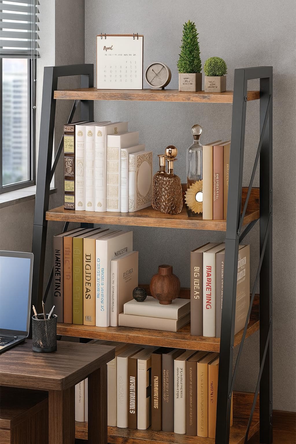 HOOBRO Ladder Shelf, 4-Tier Bookshelf, Corner Bookcase, Freestanding Storage Shelf Display Organizer, for Living Room, Bedroom, Home Office, Kitchen, Rustic Brown and Black BF304CJ01 customer photo 1