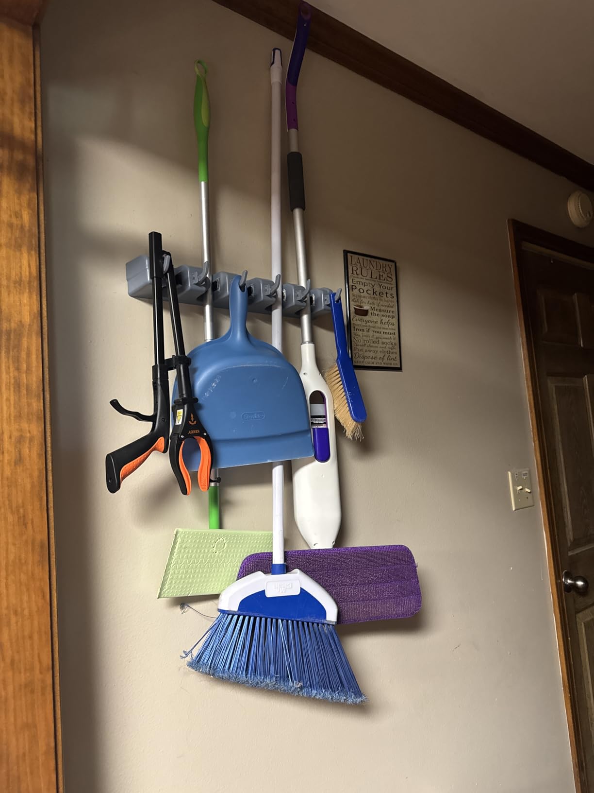 Amazon Basics Rectangular Heavy Duty Wall Mount Broom and Mop Holder, Sturdy Tool Organizer with Hooks and Slots for Garage, Garden, Laundry, Kitchen Organization, 2.36 x 16.9 x 3.35 in, Gray customer photo 1