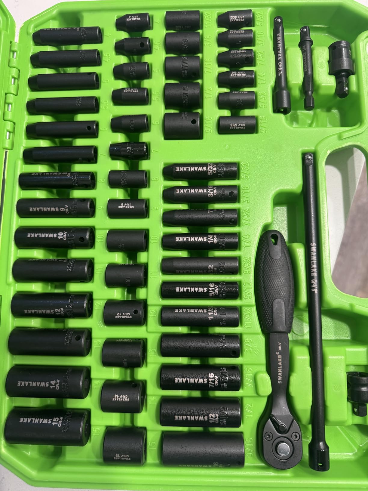 SWANLAKE 3/8'' Drive Impact Socket Set, 50-Piece Standard SAE (5/16 to 3/4 inch) and Metric (8-22mm) Size, 6 Point, Cr-V, 3/8-Inch Ratchet Handle, Extension Bar, Universal Joint customer photo 2