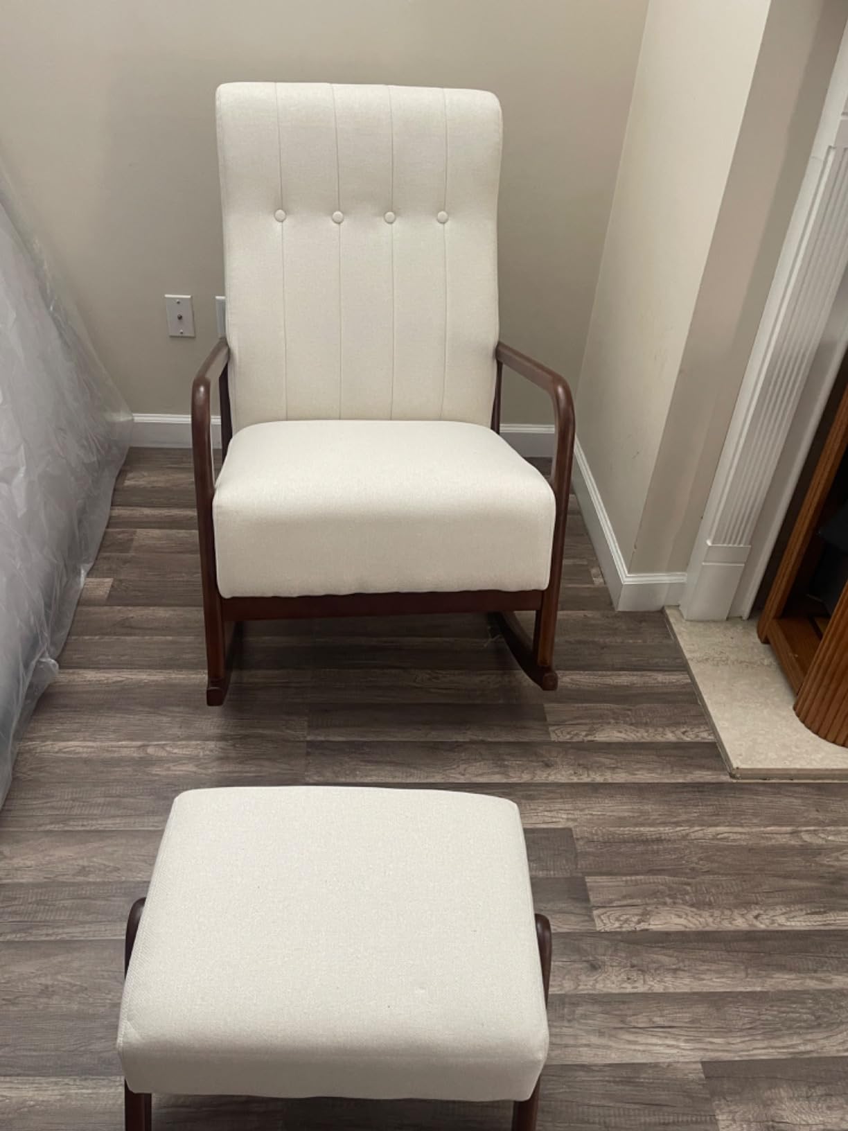 Giantex Rocking Chair with Ottoman, Upholstered Rocker Chair w/Solid Rubber Wood Frame, Side Pocket, Linen Nursery Chair w/Footrest, Tufted Glider Chair for Living Room, Bedroom, Grey customer photo 1