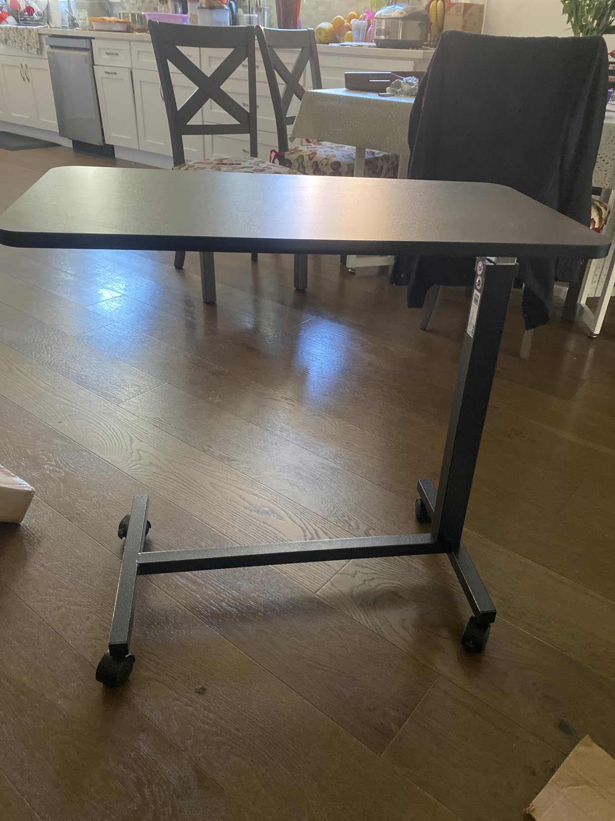 Drive Medical Overbed Table with Wheels - Secure Height Adjustment for Comfort - Non Tilt Surface - Smooth Rolling Design - Home & Hospital Use - Woodgrain Laminate Top - Silver Vein customer photo 2