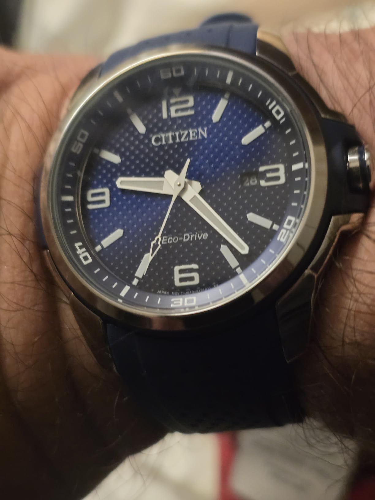 Men's Eco-Drive Weekender Watch in Stainless Steel with Blue Polyurethane Strap, Blue Dial (Model: AW1158-05L) customer photo 1
