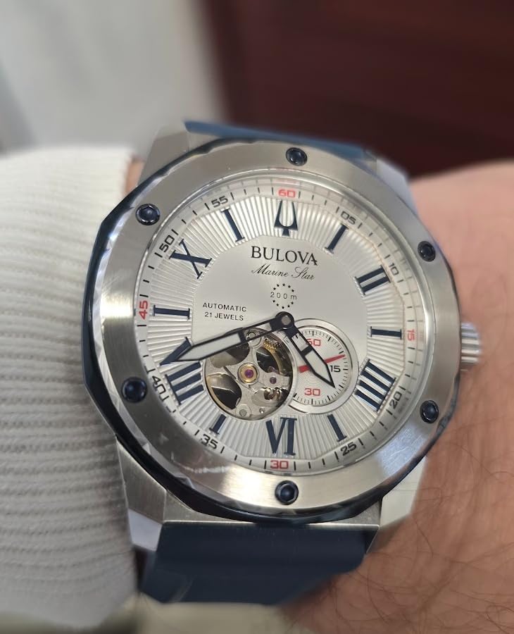 Bulova Men's Marine Star 'Series A' Automatic Stainless Steel Case with Blue Textured Silicone Strap, Open Aperture, Silver White Dial Model: 98A225 customer photo 1