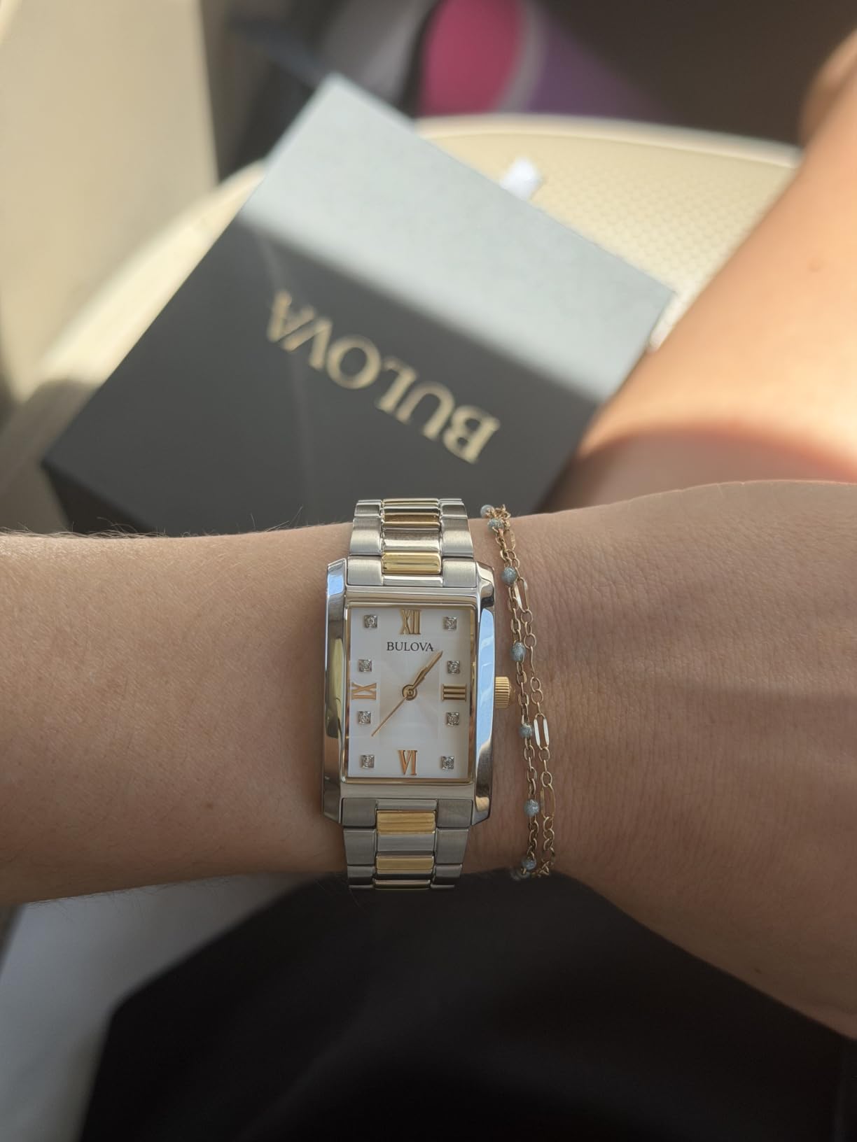 Bulova Ladies' Classic Diamond Two-Tone Stainless Steel 3-Hand Quartz Watch, Rectangle customer photo 1