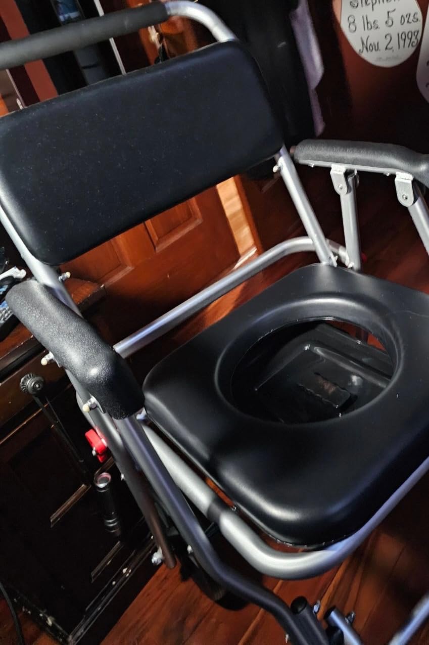 Goplus 4 in 1 Shower Commode Wheelchair, 330lbs Foldable Bedside Commode Chair for Toilet with Arms, Portable Rolling Shower Chair with Wheels for Elderly Disabled Handicap Adults Bariatric customer photo 1