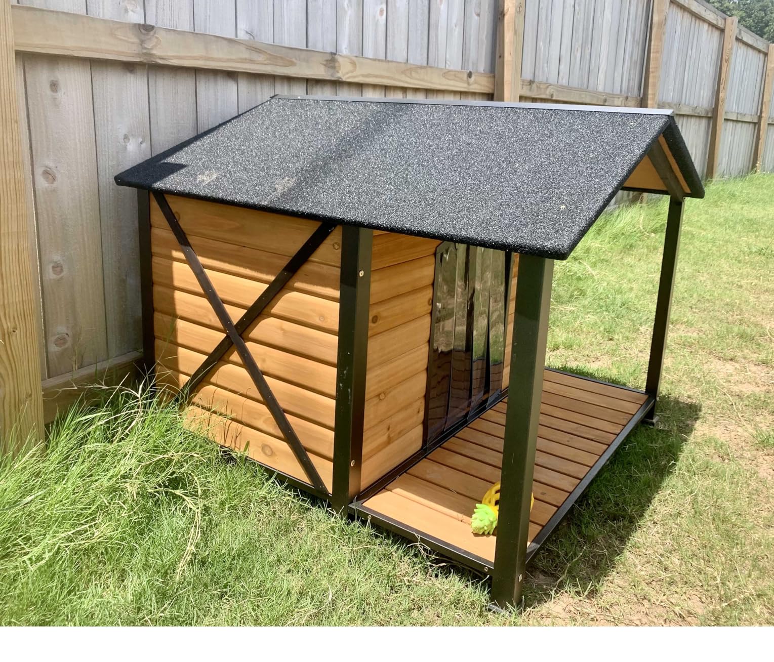 Heated Dog House Outdoor with Insulated Liner,Weatherproof Wooden Dog Shelter for Medium and Large Sized Dogs,Iron Frame Indoor Outdoor Kennel,Pets Warm House in Winter with Large Porch (Brown, M) customer photo 1