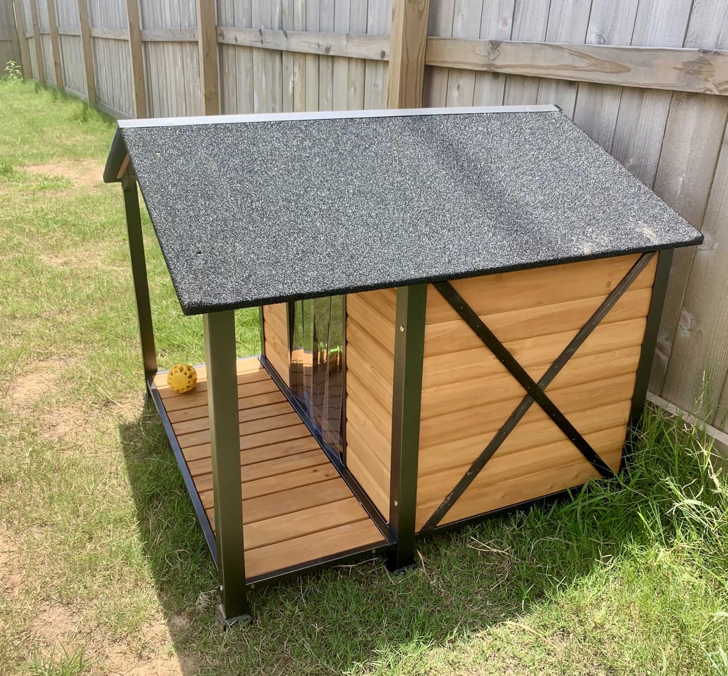 Heated Dog House Outdoor with Insulated Liner,Weatherproof Wooden Dog Shelter for Medium and Large Sized Dogs,Iron Frame Indoor Outdoor Kennel,Pets Warm House in Winter with Large Porch (Brown, M) customer photo 2