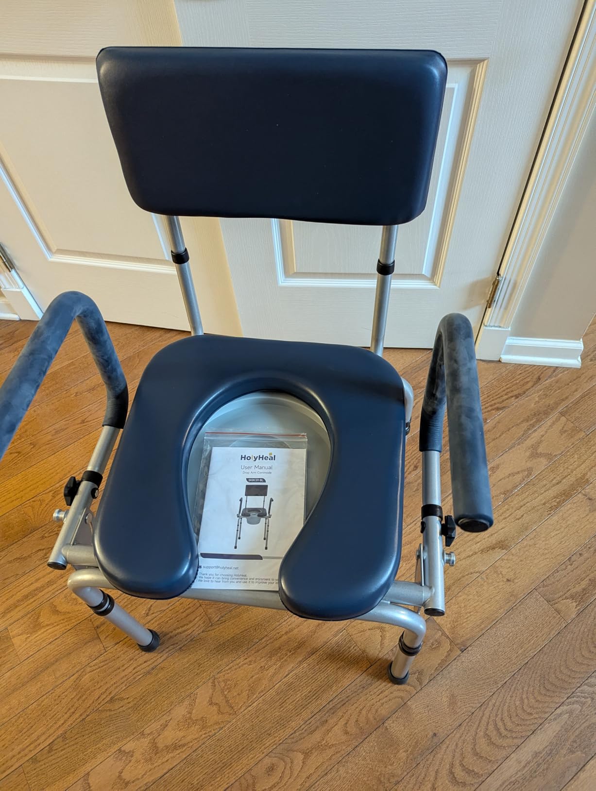 Drop Arm Bedside Commodes for Seniors, Potty Chair for Adults | Portable Commode Toilet with Padded Seat and Backrest, 400lbs Capacity, Height Adjustable, 6.3QT Bucket & Splash Guard, Blue customer photo 1