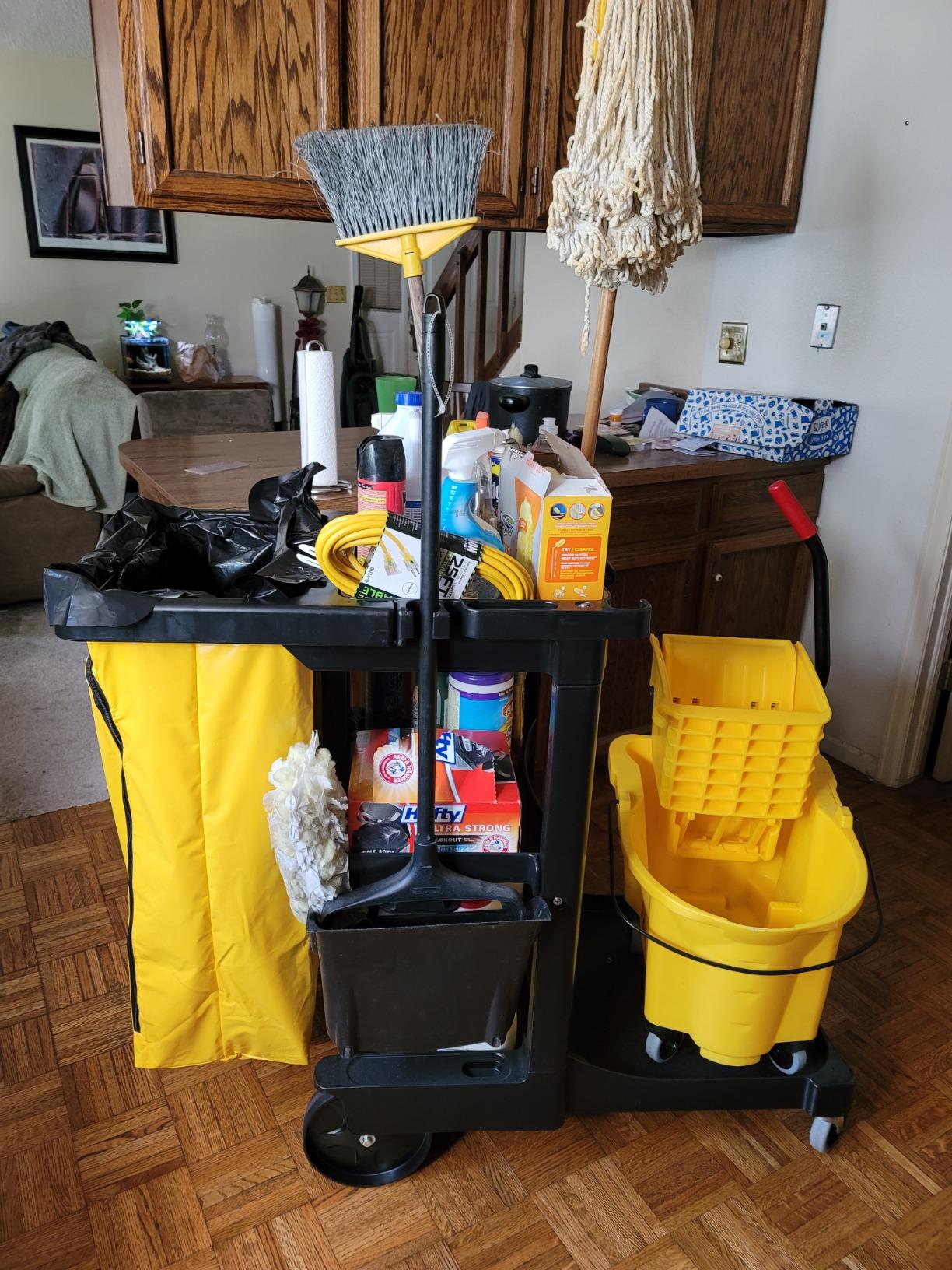 Rubbermaid Commercial Traditional Janitorial 3-Shelf Cleaning Cart, Wheeled with Zippered Yellow Vinyl Bag, for Business/School/Office/Janatorial Cleaning customer photo 1