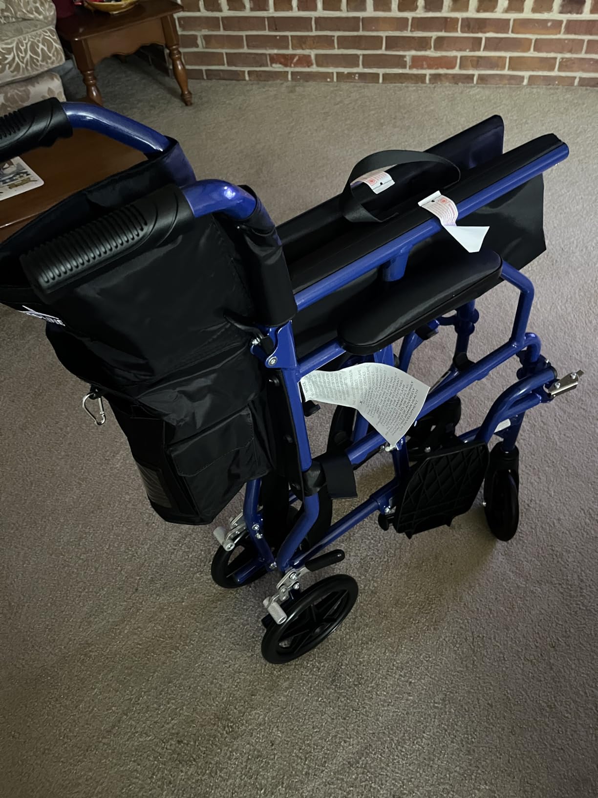 Medline Ultra Lightweight Transport Wheelchair for Adults, Foldable, 19-Inch Seat Width, Blue Frame, Black Upholstery customer photo 1
