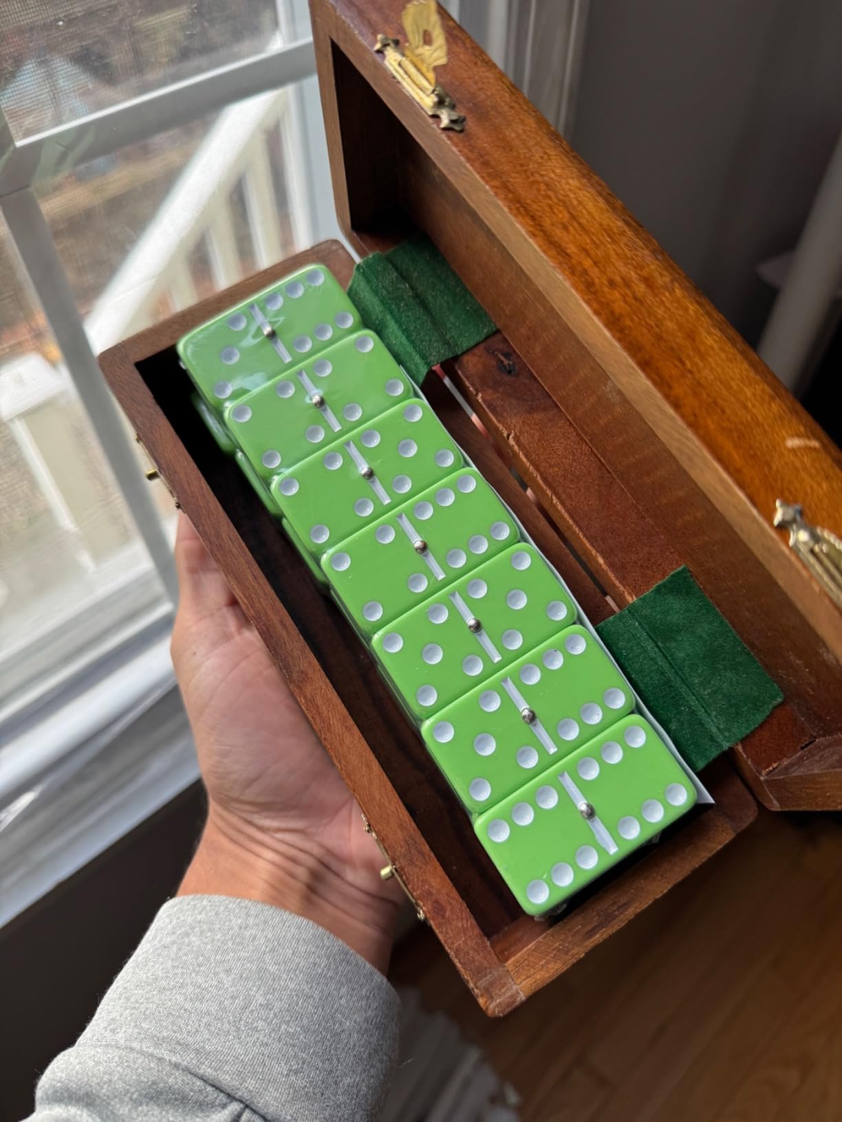 Marion Domino Double Six Two Tone Red & White Jumbo Tournament Professional Size with Spinners in Dovetail Sheesham Wood Box customer photo 2