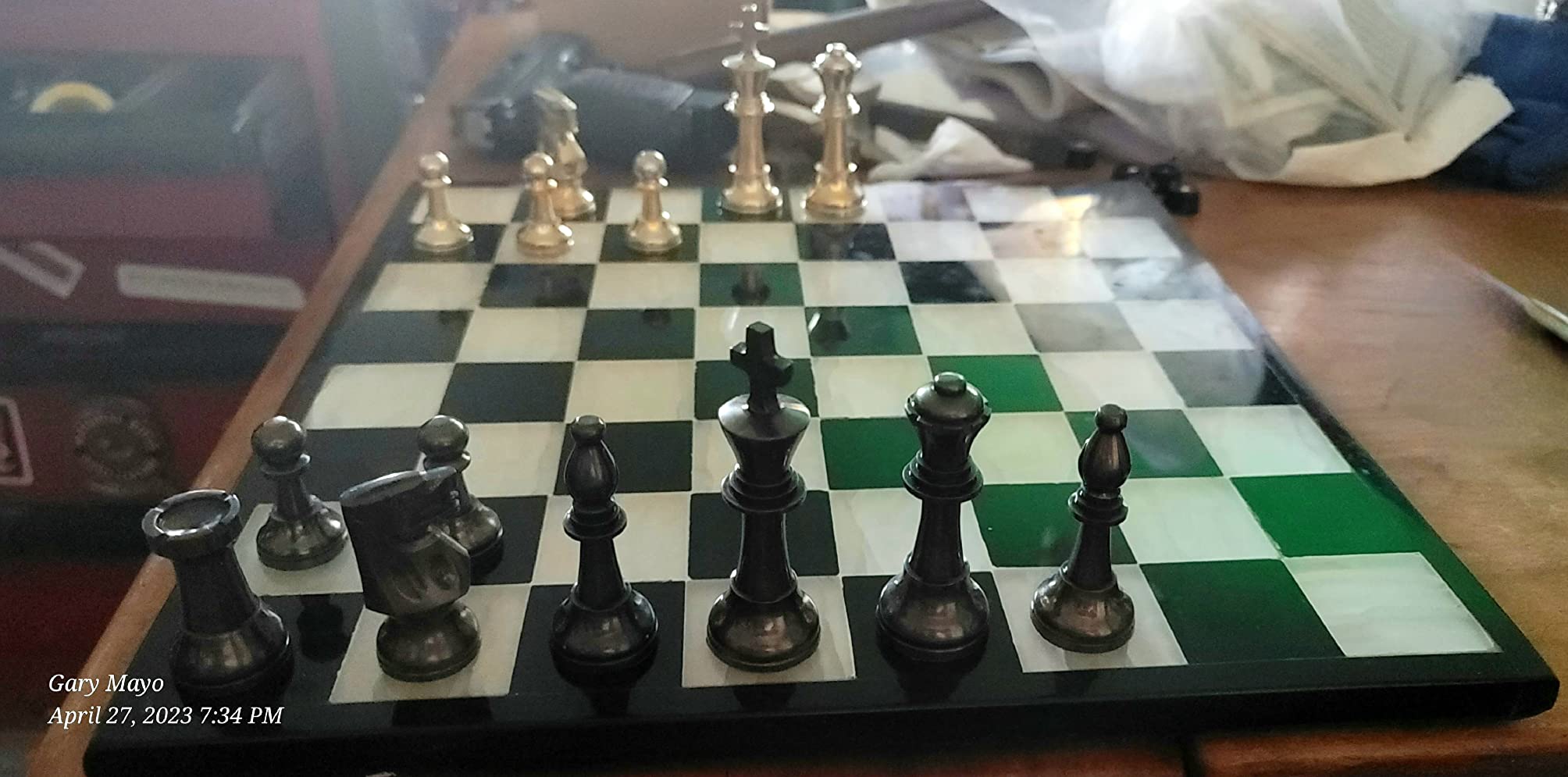 StonKraft Collectible Green Marble Chess Board Set + Brass Crafted Pieces Pawns - Decorative Stone Chess - Home Décor - 20