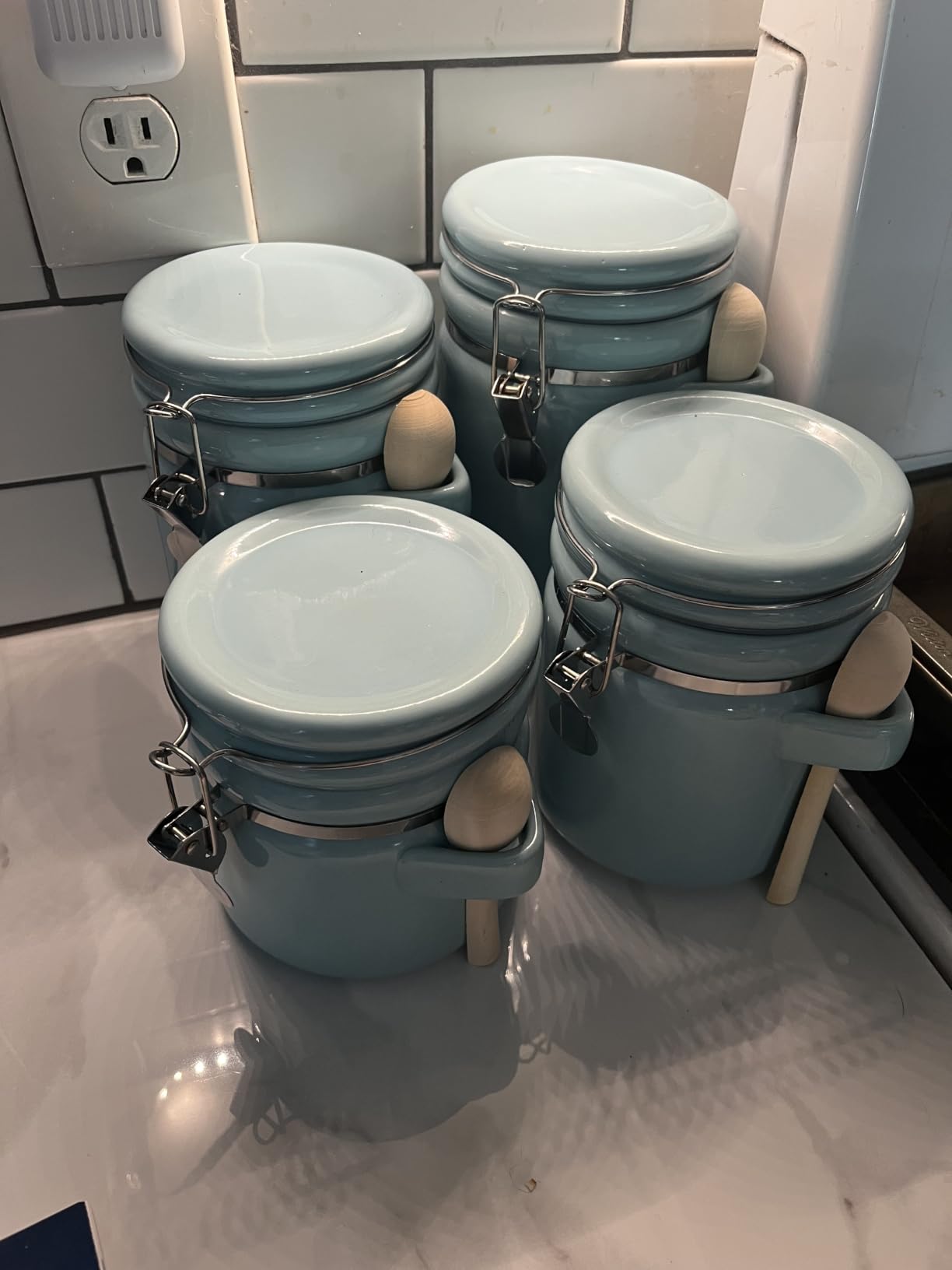 Canister Sets For The Kitchen (4 Piece Set) White, High Gloss Ceramic | By Home Basics | Decorative | With Wooden Spoons, Countertop Set For Flour, Sugar, Coffee, and Snacks customer photo 1