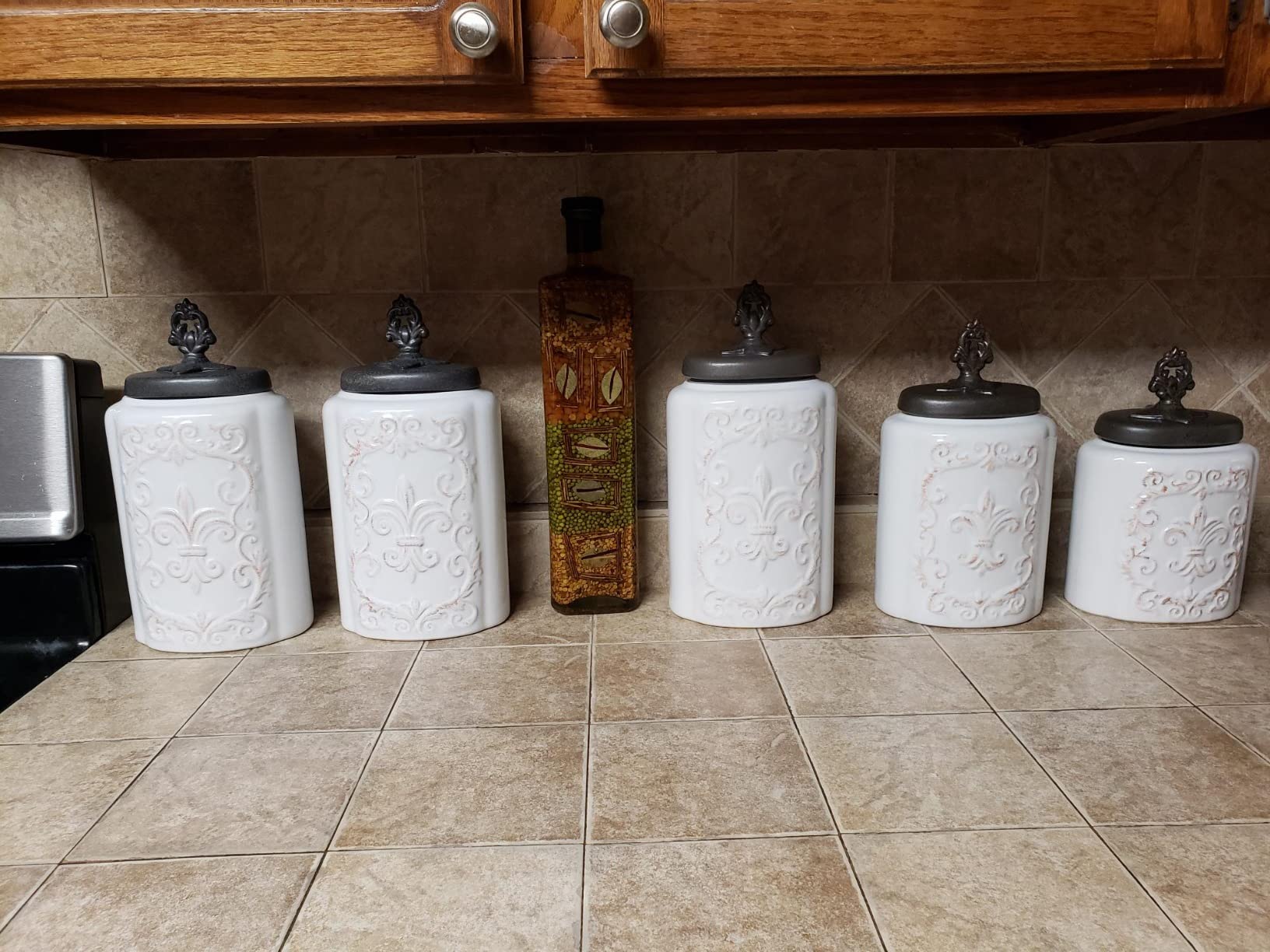 American Atelier Fleur de Lis White Canister Set 3-Piece Ceramic Jars in 84.5oz, 74.5oz, & 60oz Designed w/ Airtight Stainless Steel Lids for Cookies, Candy, Coffee, Flour, Sugar, Rice, Pasta, Cereal customer photo 1