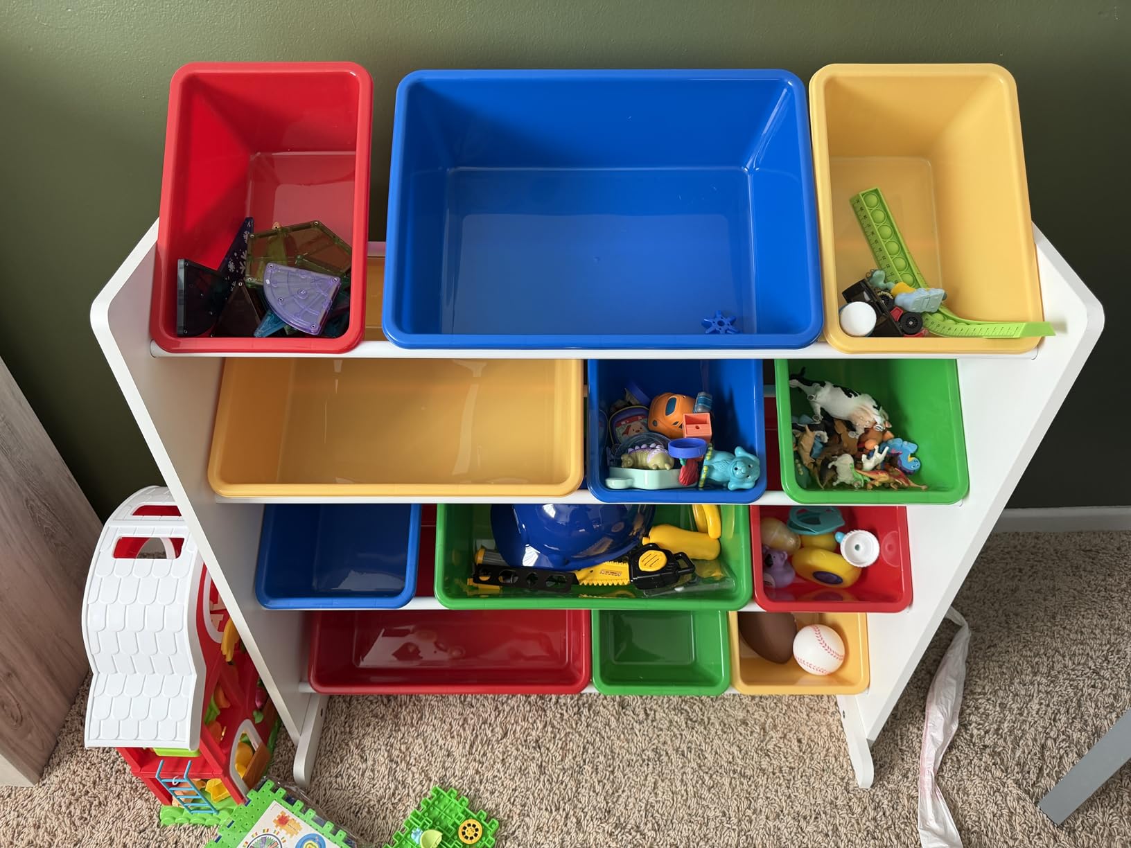 Humble Crew Kids Toy Organizer with 12 Bins, 4 Tier Storage for Playroom | Sturdy wood and steel toddler shelf, removable BPA-free containers, wall anchor anti-tip safety kit for bedroom or classroom customer photo 2