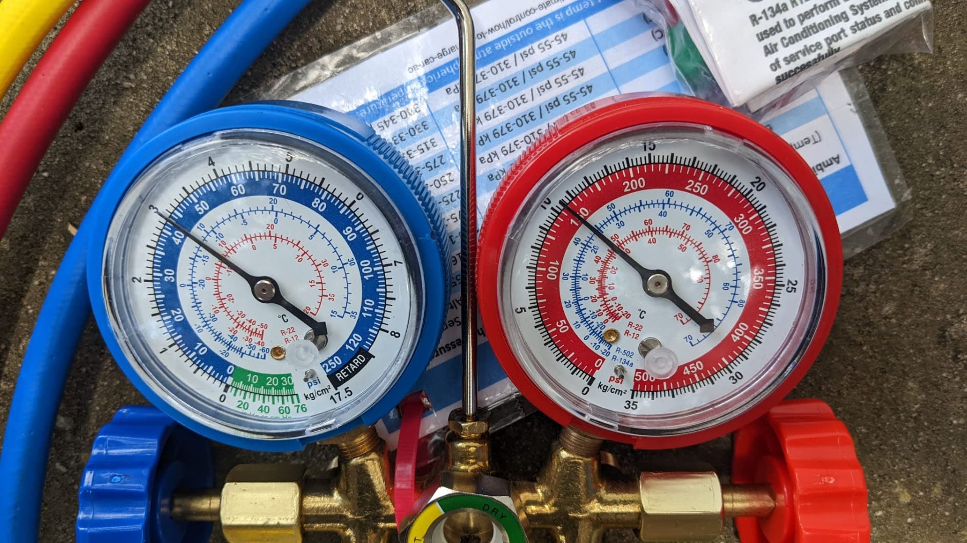 OMT 3-Way AC Manifold Gauge Set for R12 R134a R502 R22, 5 ft Hoses | Includes R134a Couplers Self-Sealing & Piercing Can Taps 29° Adapter; Solid Brass Build; Ideal for Auto Freon Recharge customer photo 2