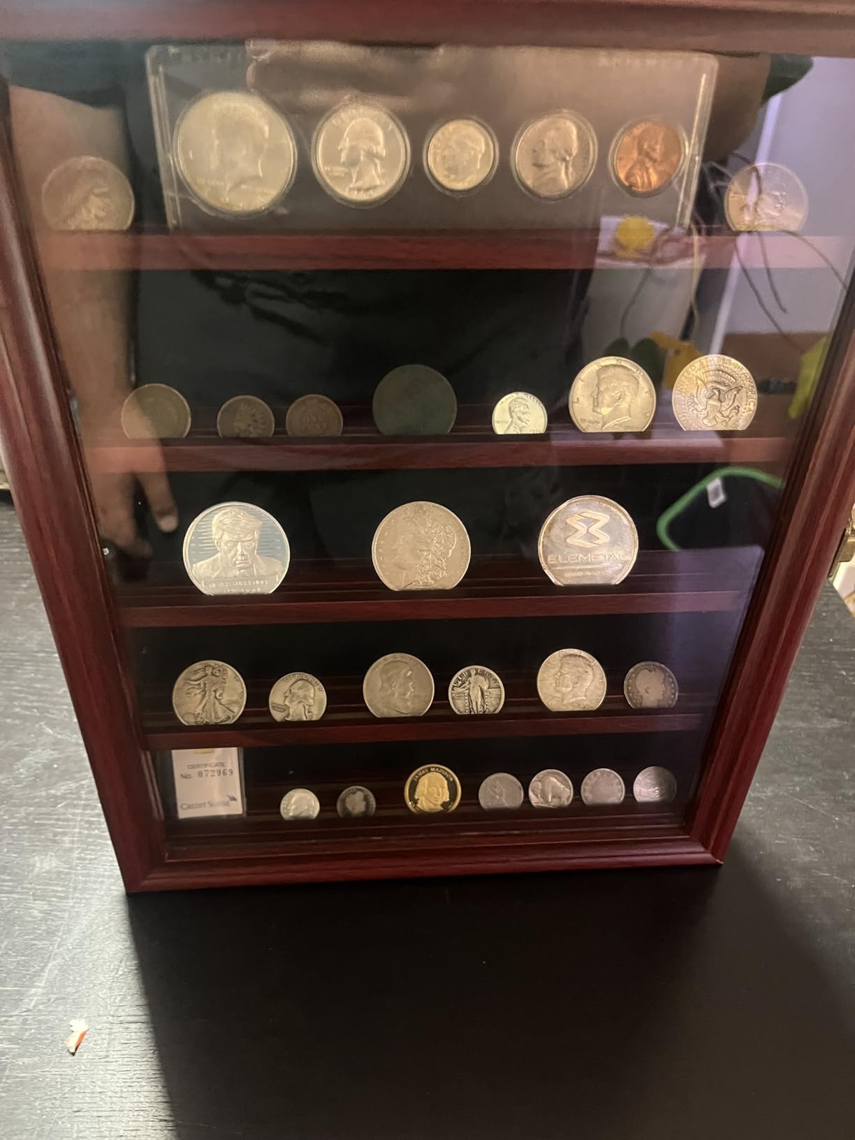 ASmileIndeep Military Challenge Coin Display Case Holder with HD Toughened Glass and Wall Mount, Wooden Coin Stand Rack with Removable 2 Grooves Shelves, Mahogany Finish customer photo 1