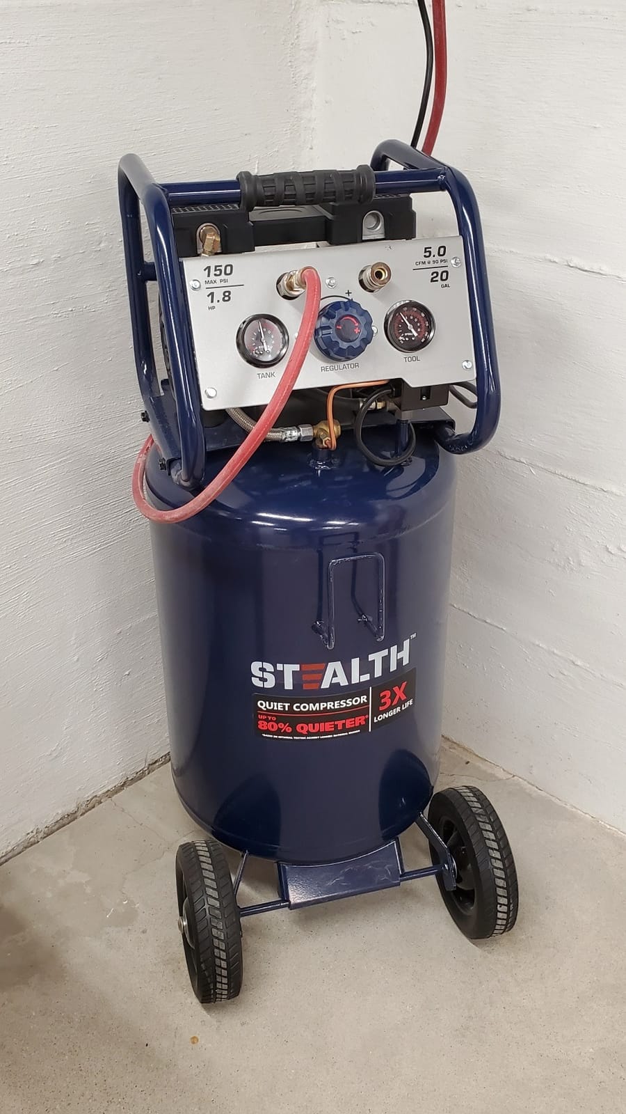 Stealth 20 Gallon Ultra Quiet Air Compressor,1.8 HP Oil-Free Peak 150 PSI 68 Decibel, 5.5 CFM @ 40 PSI 5 CFM @ 90 PSI Silent Long Life Electric Air Compressor W/Wheel for Garage customer photo 2