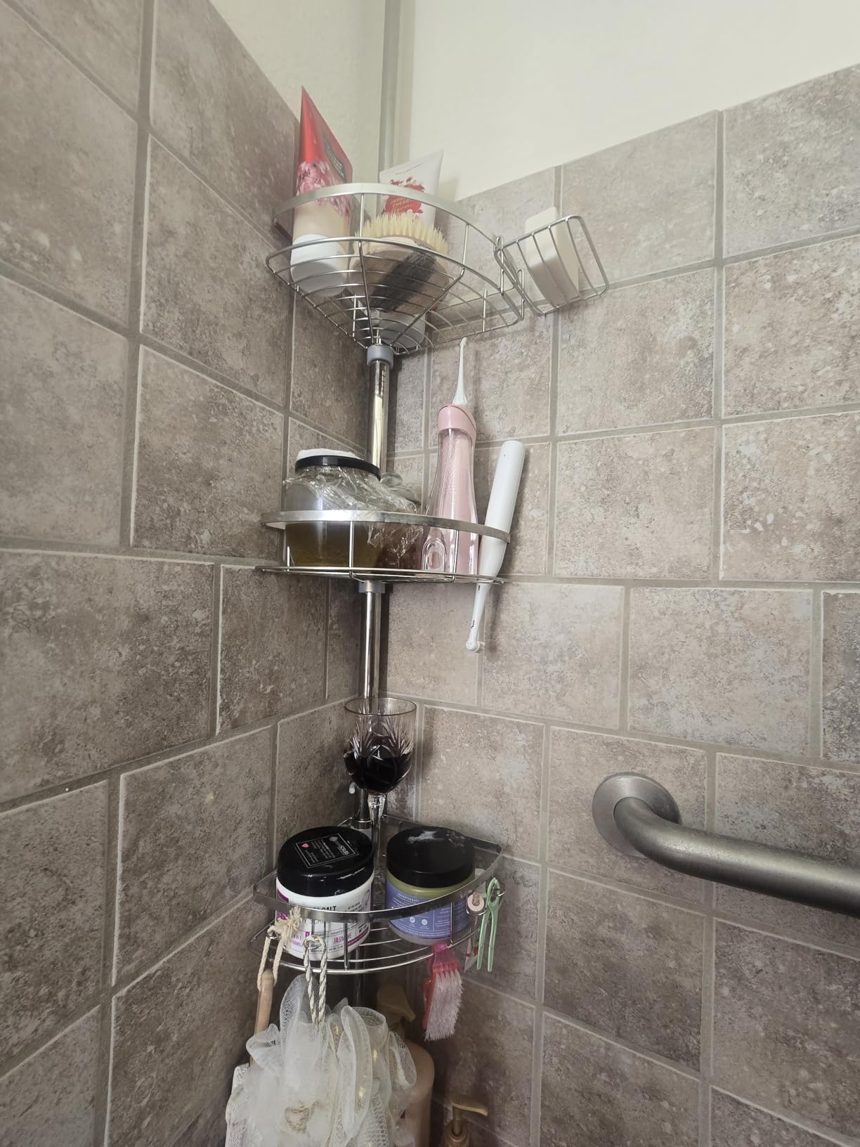 Rustproof Shower Corner Caddy Organizer for Bathroom, 4 Adjustable Shelves with Tension Pole, for Bathtub Shampoo Accessories Storage Holder, 34 to 116 Inch Height, Silver customer photo 1
