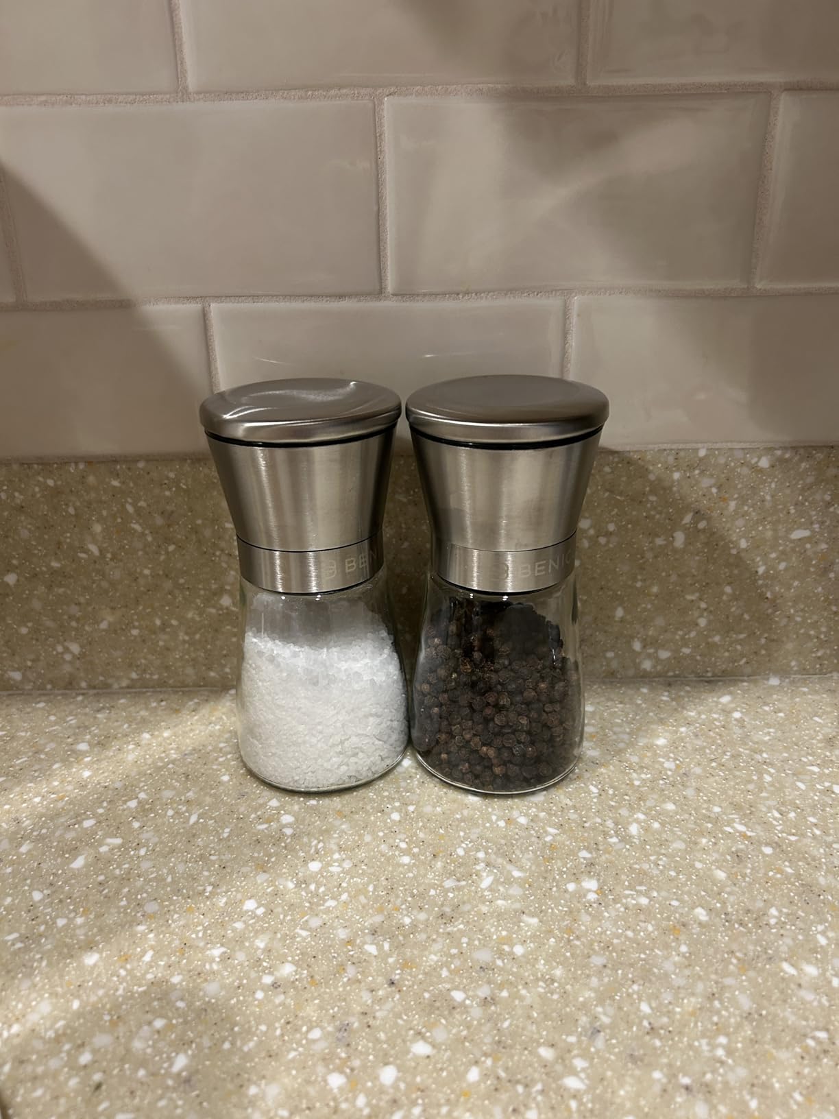 Stainless Steel Salt and Pepper Grinder Set of 2 (5oz) - Manual Adjustable Ceramic Mills - Grinders with 5 Coarseness Levels - Refillable Glass Shakers, No Batteries - Includes Spoon & Brush customer photo 1