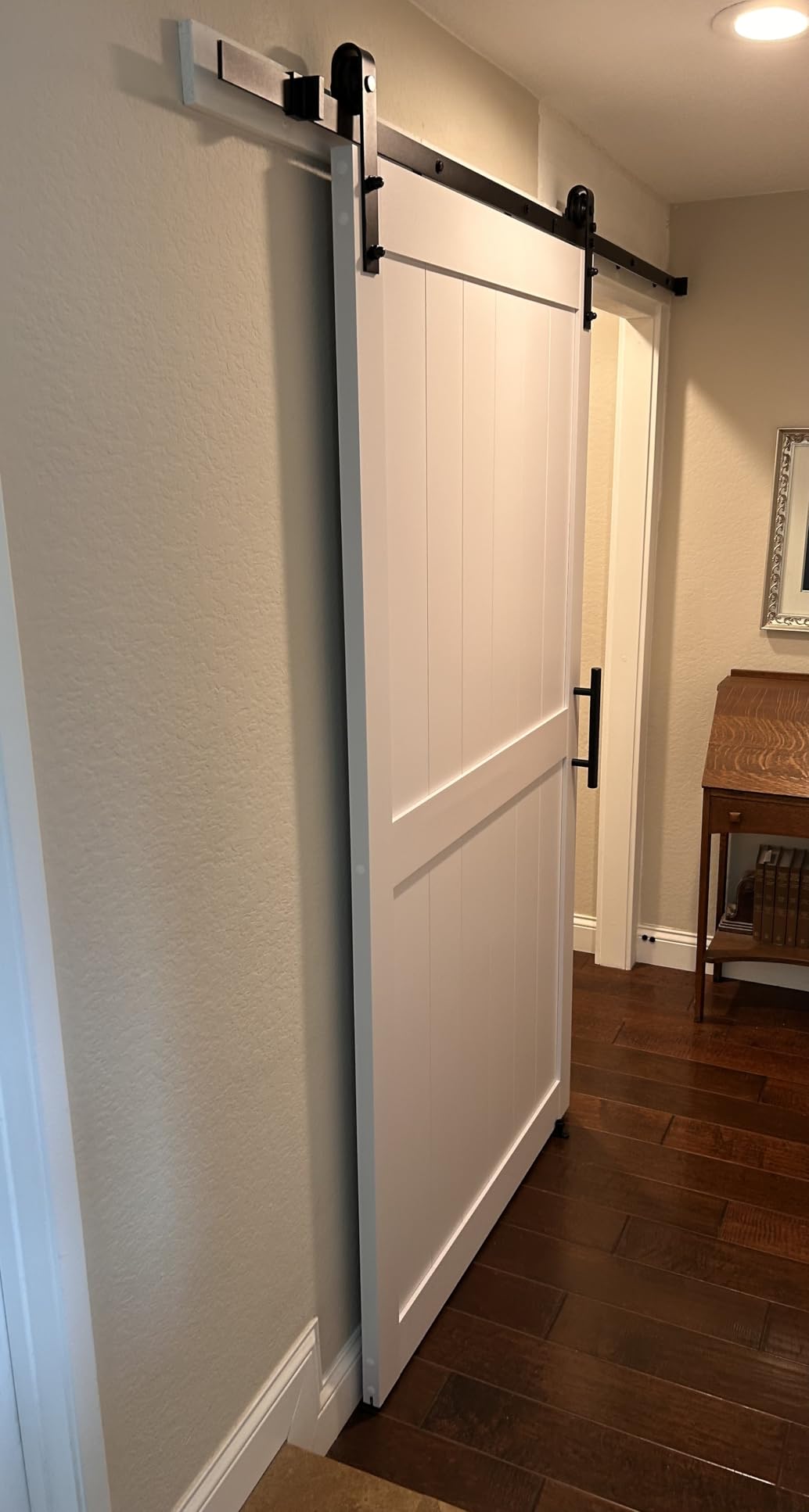 36in x 84in MDF Sliding Barn Door with 6.6ft Barn Door Hardware Kit & Handle, Pre-Drilled Holes Easy Assembly -Solid Barn Door Slab Covered with Water-Proof PVC Surface, White, H-Frame customer photo 1