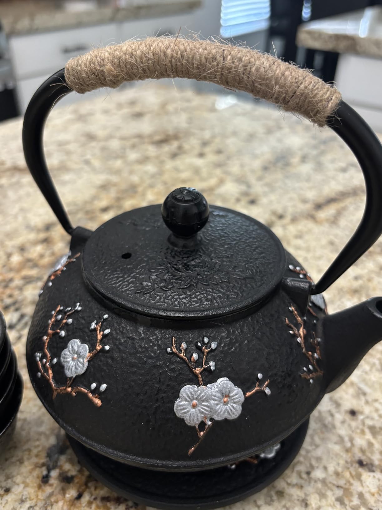 Japanese Style Cast Iron Teapot with Infuser Trivet Tetsubin Kettle | Chinese Tea Set for Adults Iron Tea Pots with 4 Tea Cups Black (Magpie and Plum Pattern) customer photo 2