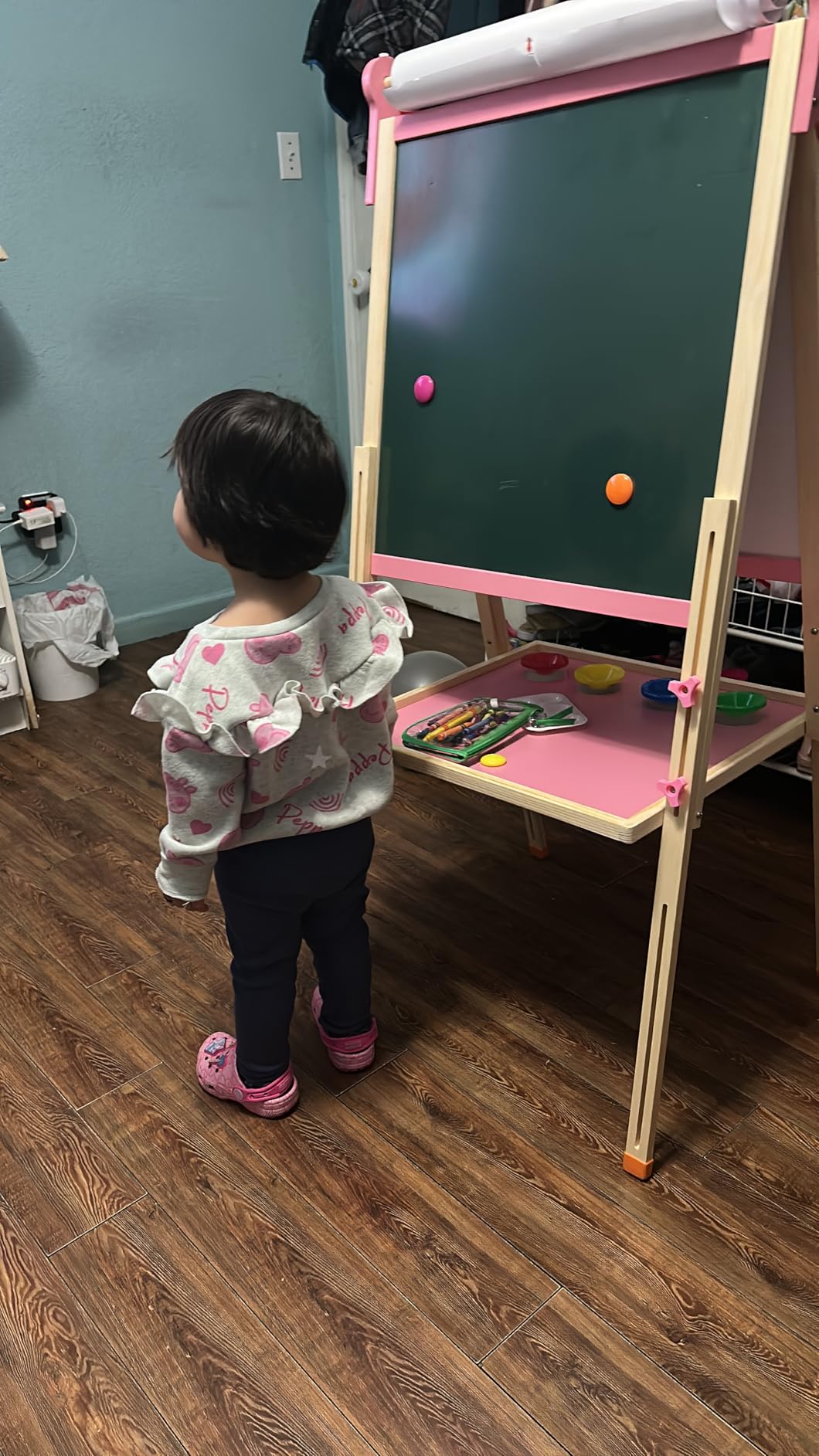 Kids Easel Wooden Children Art Easel Paper Roll, Double Sided Magnetic Whiteboard Chalkboard Dry Eraser Adjustable Height for Boys Girls Gifts customer photo 2