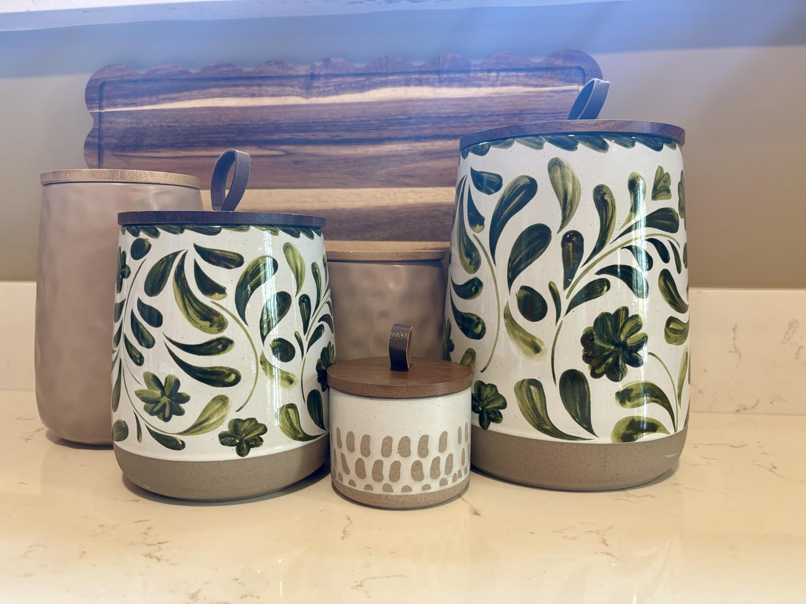 TTU Tabletops Gallery Ceramic Canister Collection- Stoneware Designed Kitchen Storage Embossed Acacia Wood White Set, 3 Piece Embossed Ziggy White Canister Set customer photo 1