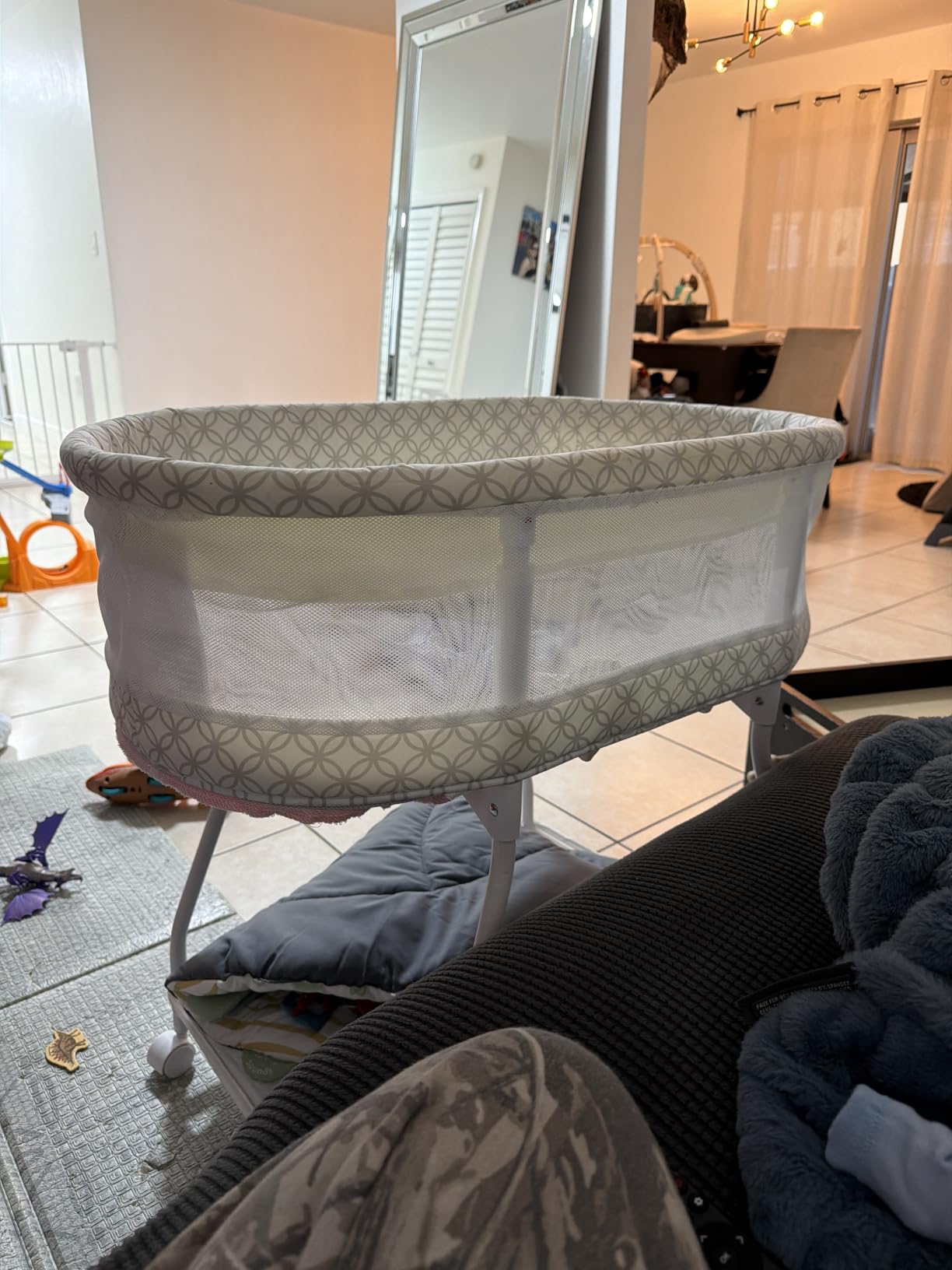 Delta Children Sweet Dreams Bassinet with Airflow Mesh Bedside Portable Crib with Vibration Lights and Music, Grey Infinity customer photo 1