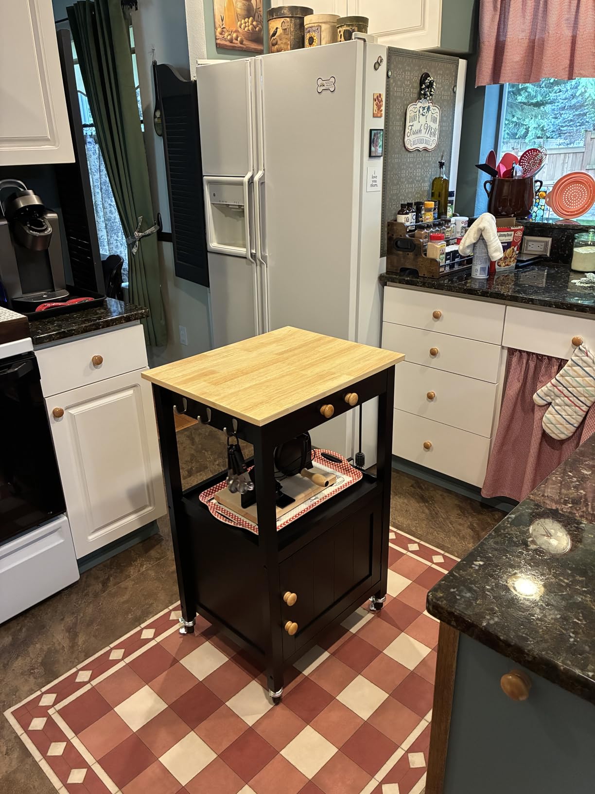 Yaheetech Kitchen Island Cart with Storage, Rolling Kitchen Island on Wheels with 6 Side Hooks, Wood Top Microwave Cart with Drawer for Dining Room, White customer photo 2