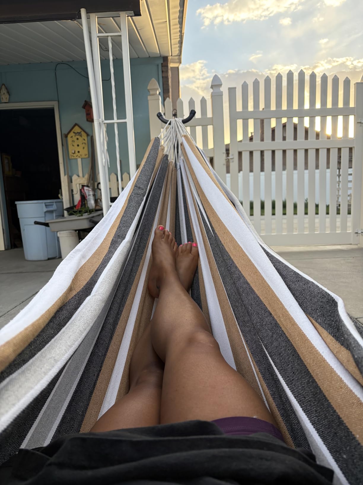 Amazon Basics Double Hammock with 9-Foot Space Saving Steel Stand and Carrying Case, 2 Person, 450 lb Capacity, Sunset Orange Stripe, 110