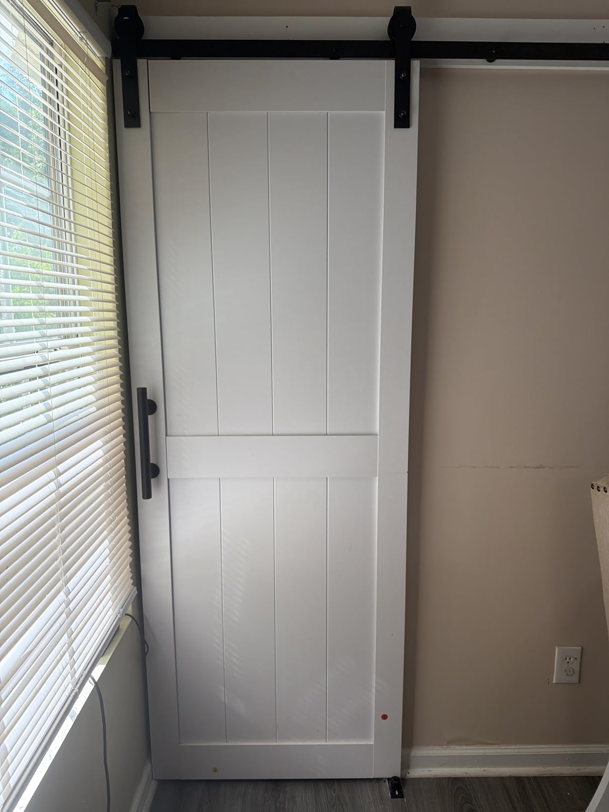 36''x84'' Sliding Barn Door with 6.6 Ft Barn Door Hardware Kit, Fits 32-34''W Openings, Pre-Drilled Holes Easy Assembly-Waterproof PVC Surface, H-Frame, White customer photo 1