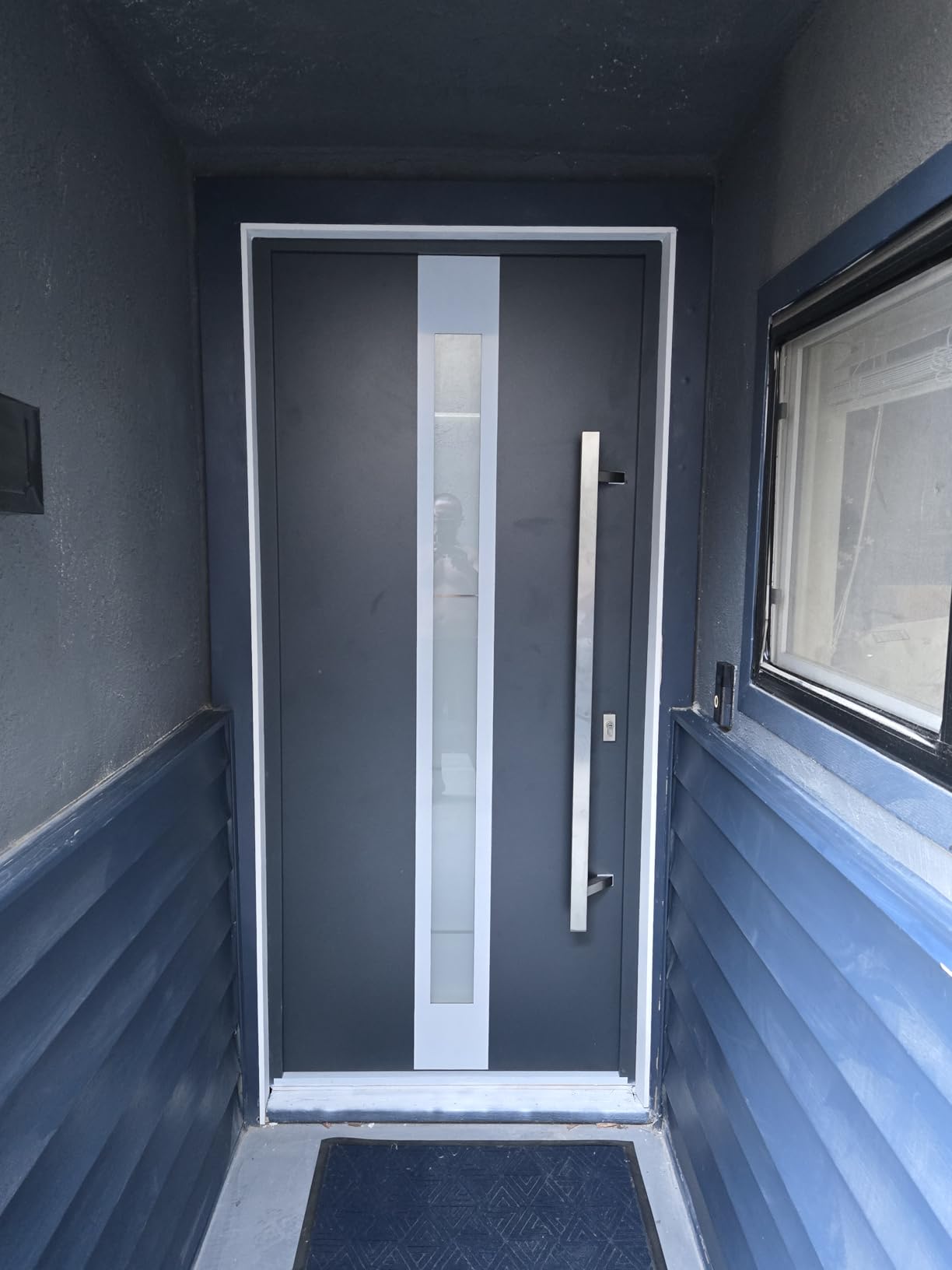 Modern Steel Front Exterior Door 36 x 80 inch | Prehung Insulated Security Entry Door with Frosted Glass Insert, Painted Gray Graphite, Right-Hand Inswing customer photo 1