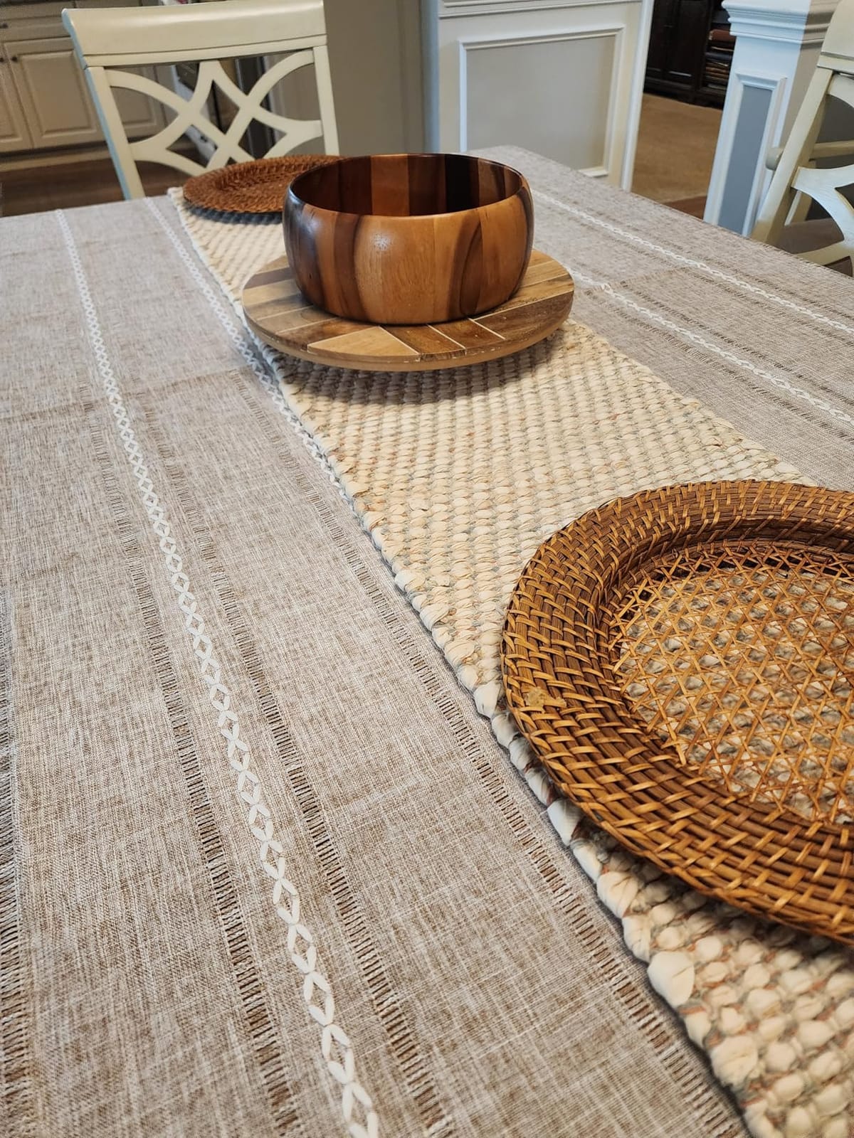 Chassic 60 x 84 inches Farmhouse Style Linen tablecloths, Wrinkle Resistant Washable Dining Room Table Cloths for Rectangle Tables - Hemstitch Light Coffee customer photo 1