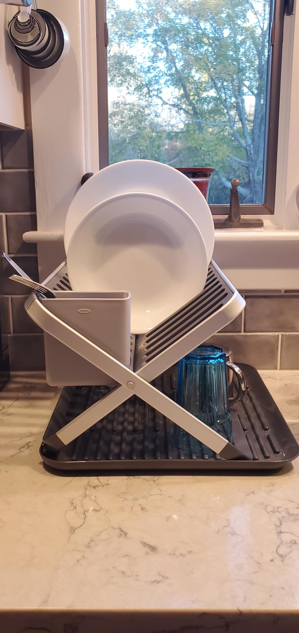 OXO Good Grips Aluminum Fold Flat Dish Drying Rack, 2-Tier, with Drainboard, for Kitchen Counter, Collapsible customer photo 2