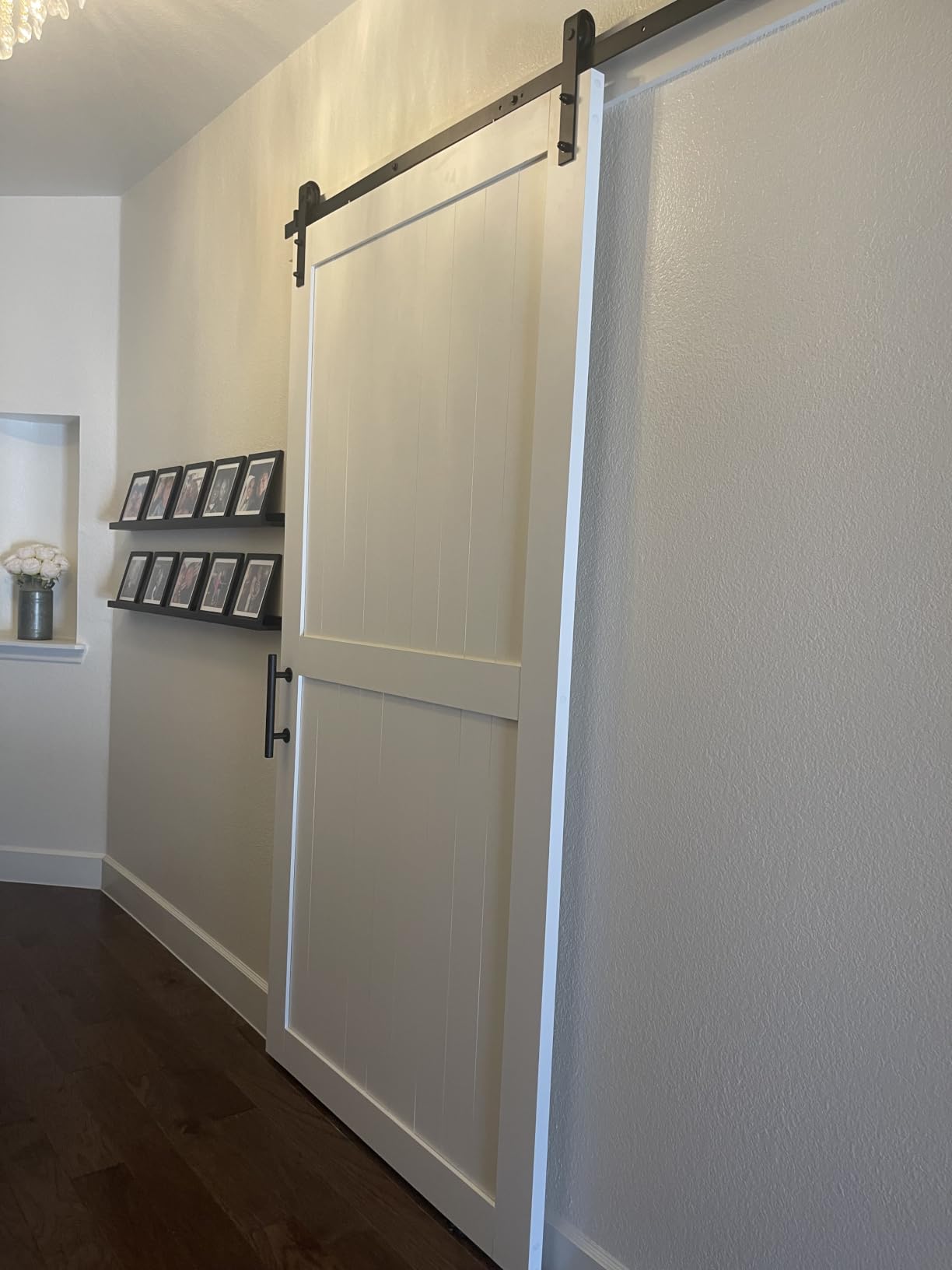 36 x 84 inch White Barn Door with 6.6FT Sliding Door Hardware Kit Included & Handle, Solid Wood Covered with Waterproof PVC Surface, DIY Assembly, Easy Install, H-Frame, Fit 32-34in Wide Opening customer photo 2