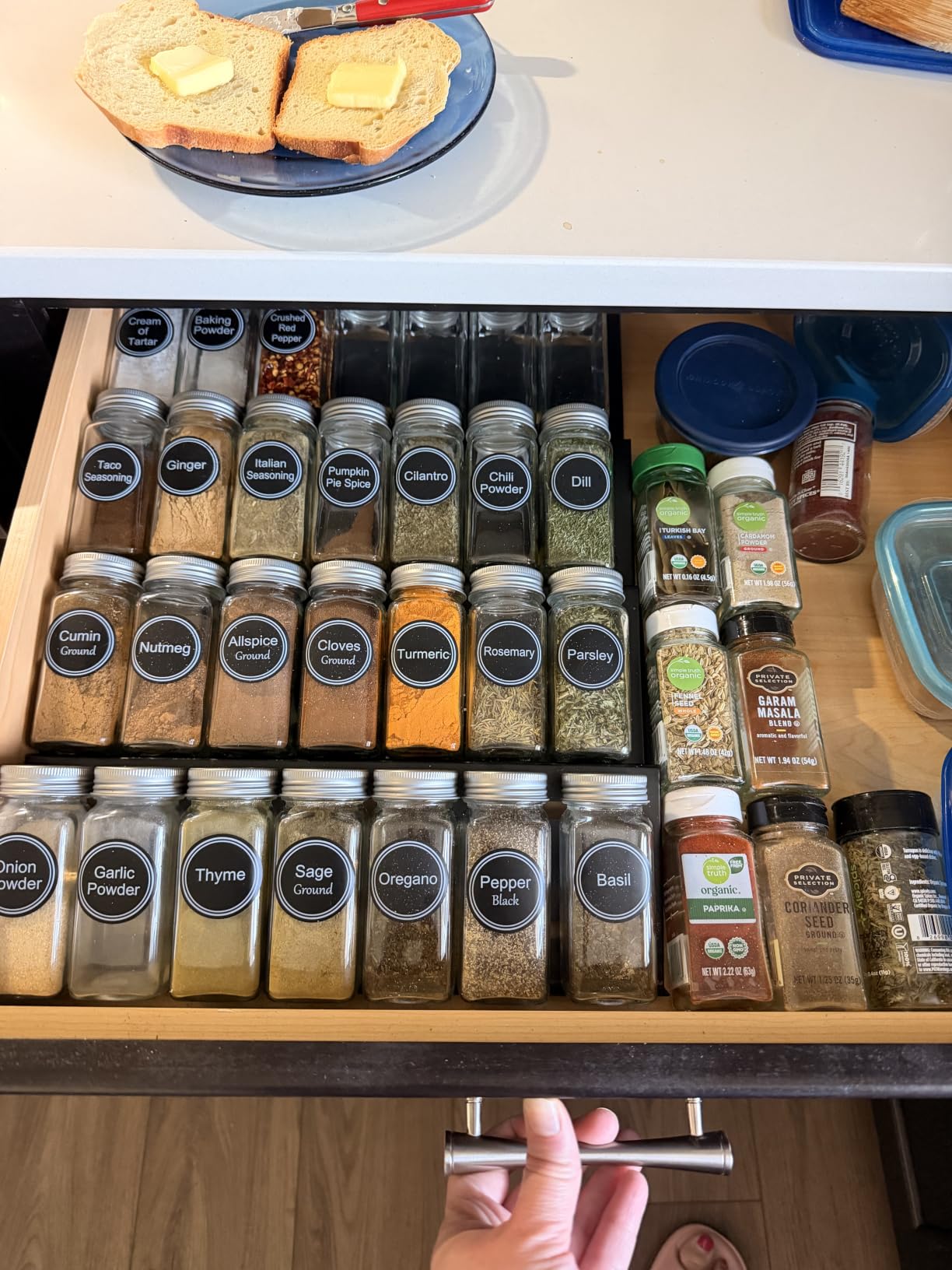 SpaceAid Spice Drawer Organizer with 28 Spice Jars, 386 Spice Labels, 4 Tier Seasoning Rack Tray Insert for Kitchen Drawers, 13