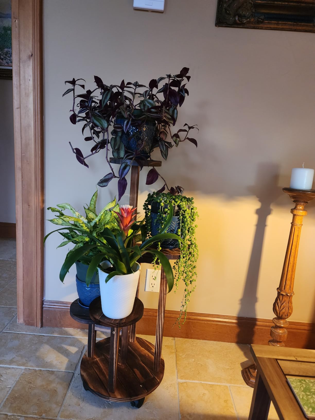 GEEBOBO 5 Tiered Tall Plant Stand for Indoor, Wood Plant Shelf Corner Display Rack, Multi-tier Planter Pot Holder Flower Stand for Living Room Balcony Garden Patio (Brown) customer photo 2
