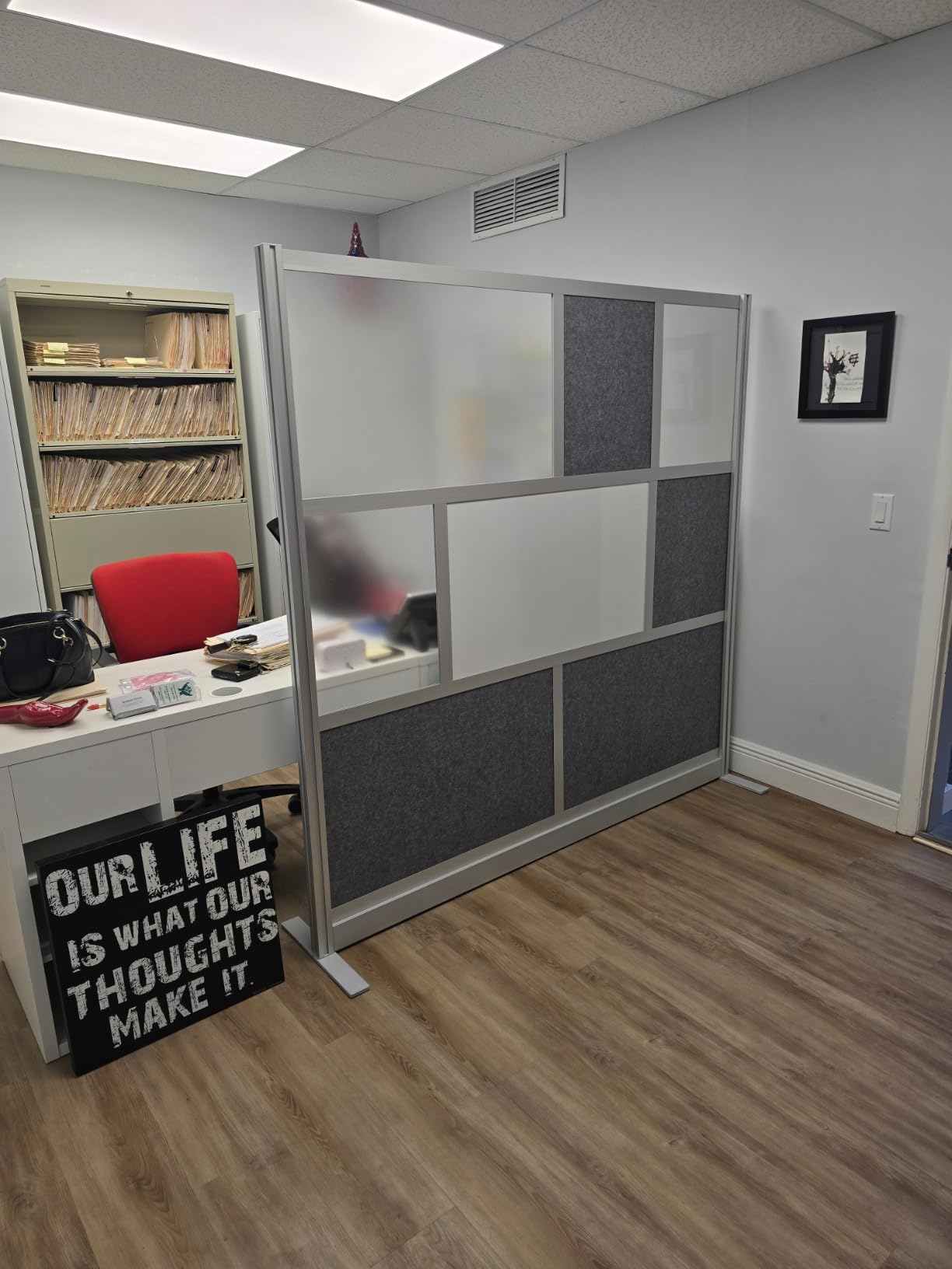 Workflow Modular Wall | Room Divider with Whiteboard, Sound Dampening, & Frosted Acrylic Panels | Expandable Office Partition for Privacy & Stability (53