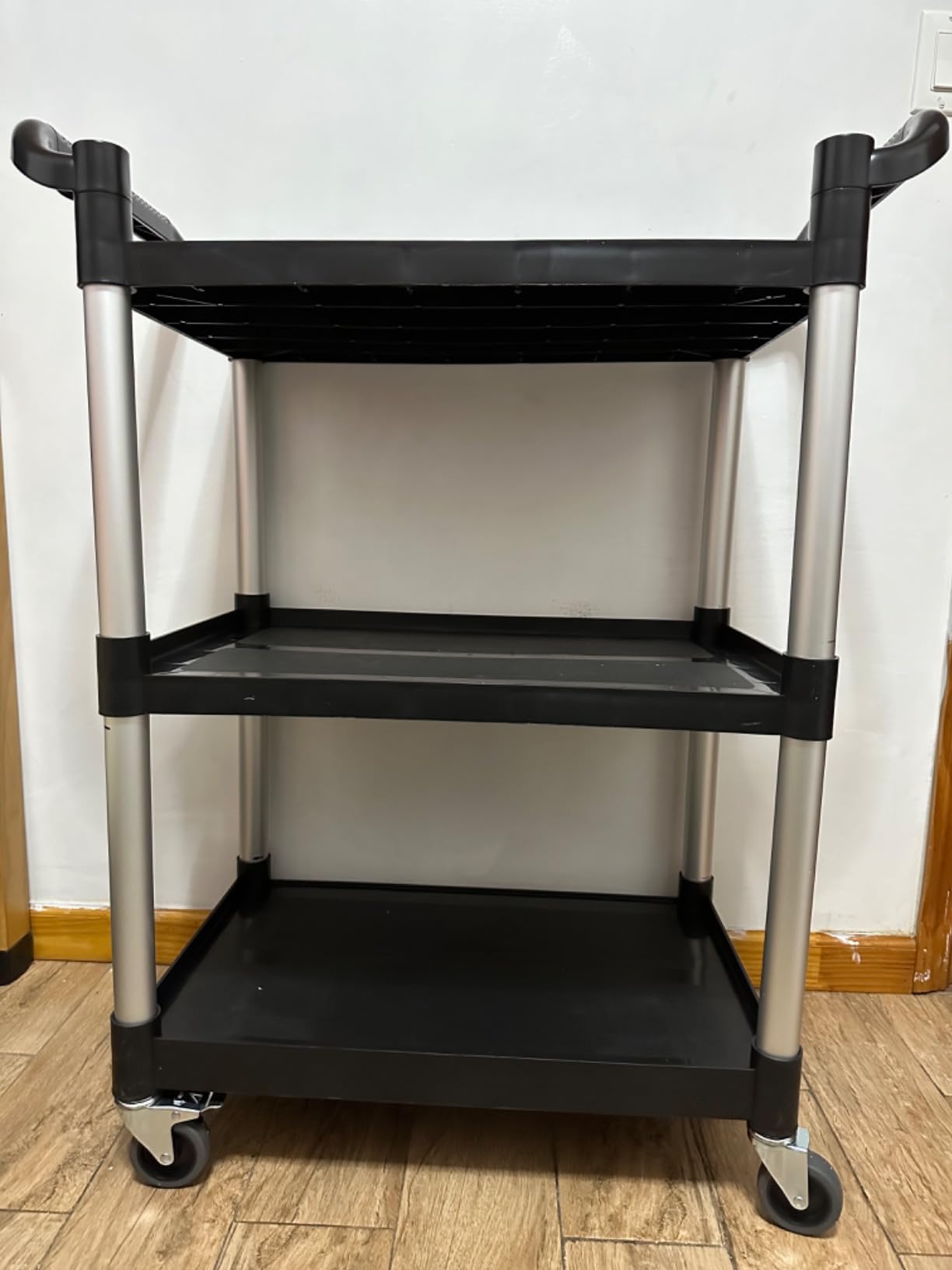 Plastic Utility Carts with Wheels, Heavy Duty 510lbs Capacity Rolling Service Cart, 3-Tier Restaurant Food Cart with Hammer for Office, Warehouse, Garage (Lockable Wheels, Black) customer photo 1